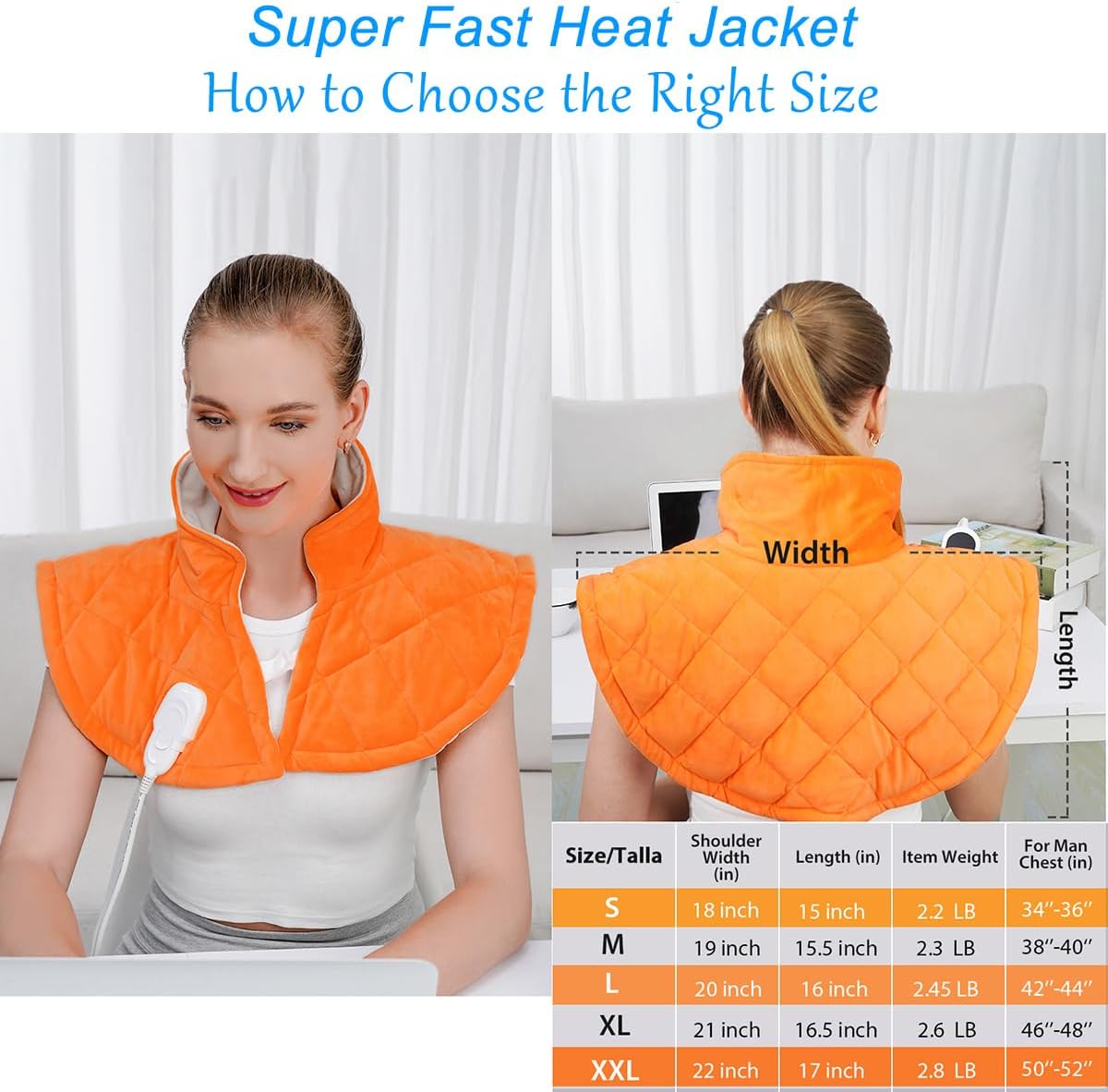 Heating Pad for Neck and Shoulders and Back, Far Infrared Heated Pad for Pain Relief, Weighted Electric Heating Pads with Auto-Off (Orange, M)