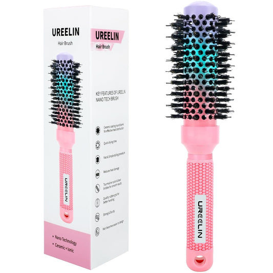 Round Brush for Blow Out - 1.3 Inch Small Nano Thermal Ceramic & Ionic with Boar Bristles - Salon Blow Drying Hair Brush for Drying,Volumizing, Curling, Shine & Smooth Styling