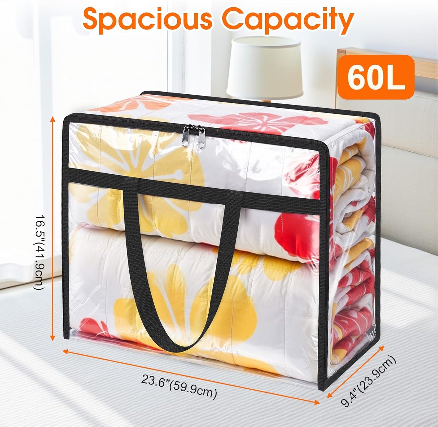 Clear Clothes Storage Bags, 4 Pack Closet Organizers and Under Bed Storage Containers, Foldable Moving Bags with Zippers for Comforter, Blanket, Bedding, Duvet, PVC Packing Bags 60L