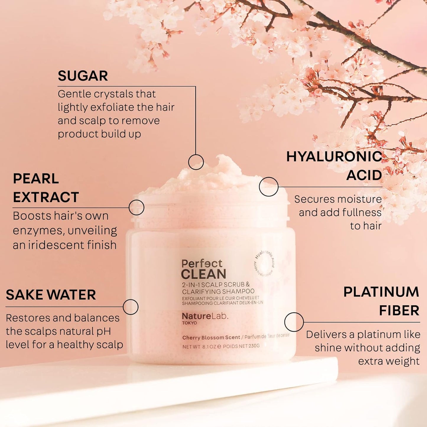 NatureLab.TOKYO Perfect Clean Scalp Scrub LIMITED EDITION Sakura Scent:2-in-1 Hair Treatment to Clarify and Remove Product Buildup for Immense Shine I Cherry Blossom Scent | 8.1 OZ