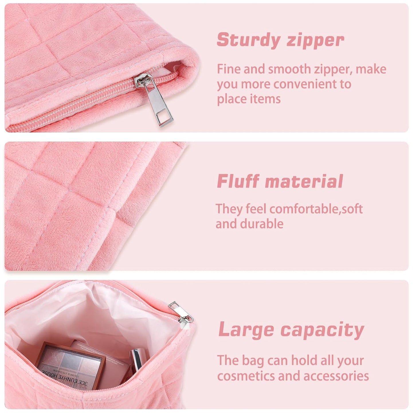 ZLFSRQ 2Pcs Makeup Bag for Women Trendy Large Capacity Cosmetic Bags Plush Pencil Case Pink Checkered Pouch for Purse Coquette Zippered Toiletry Bag Organizer Y2K Aesthetic Pencil Pouch