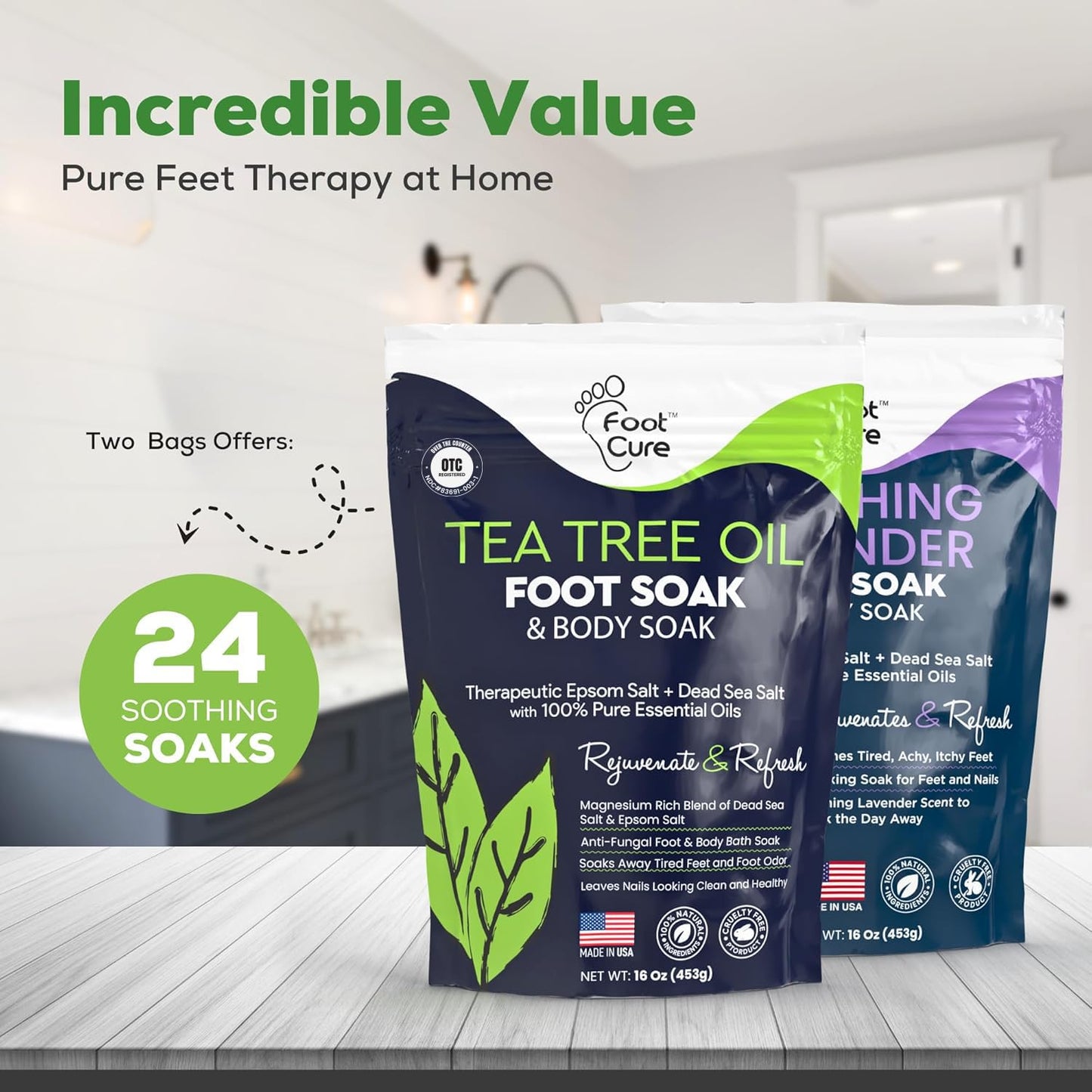 FOOT CURE Tea Tree Oil & Soothing Lavender Foot Soak with Epsom Salt - Best Toenail Treatment & Softens Calluses - Soothes Sore & Tired Feet, Foot Odor Scent, Spa Pedicure - 16 oz (Pack of 2)