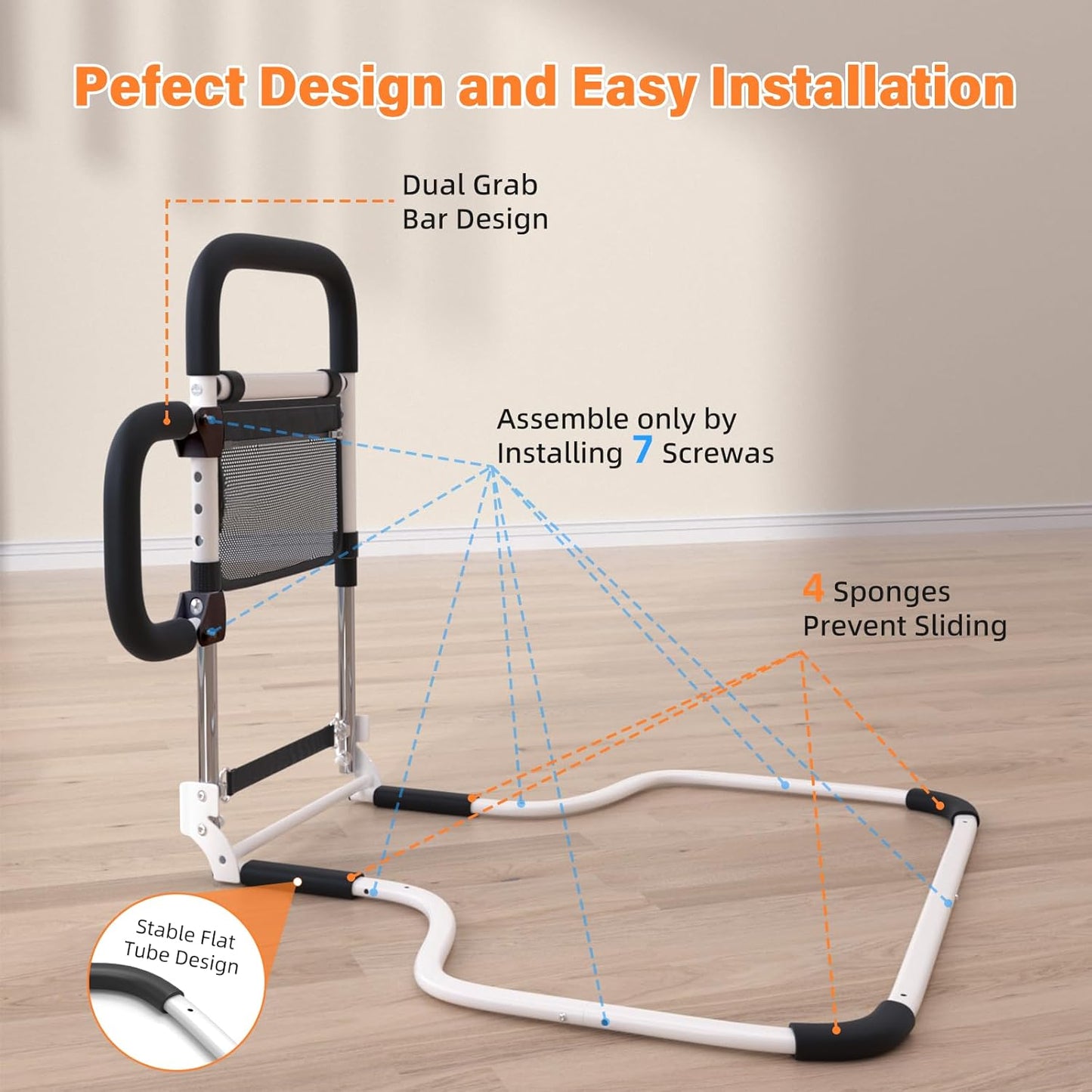 Foldable Bed Rails for Elderly Adults Safety with LED Night Light and Three Storage Pockets, Adjustable Bed Assist Rails for Seniors,Portable & Sturdy Grab Bar Bed Cane for King/Queen/Full/Twin(L)