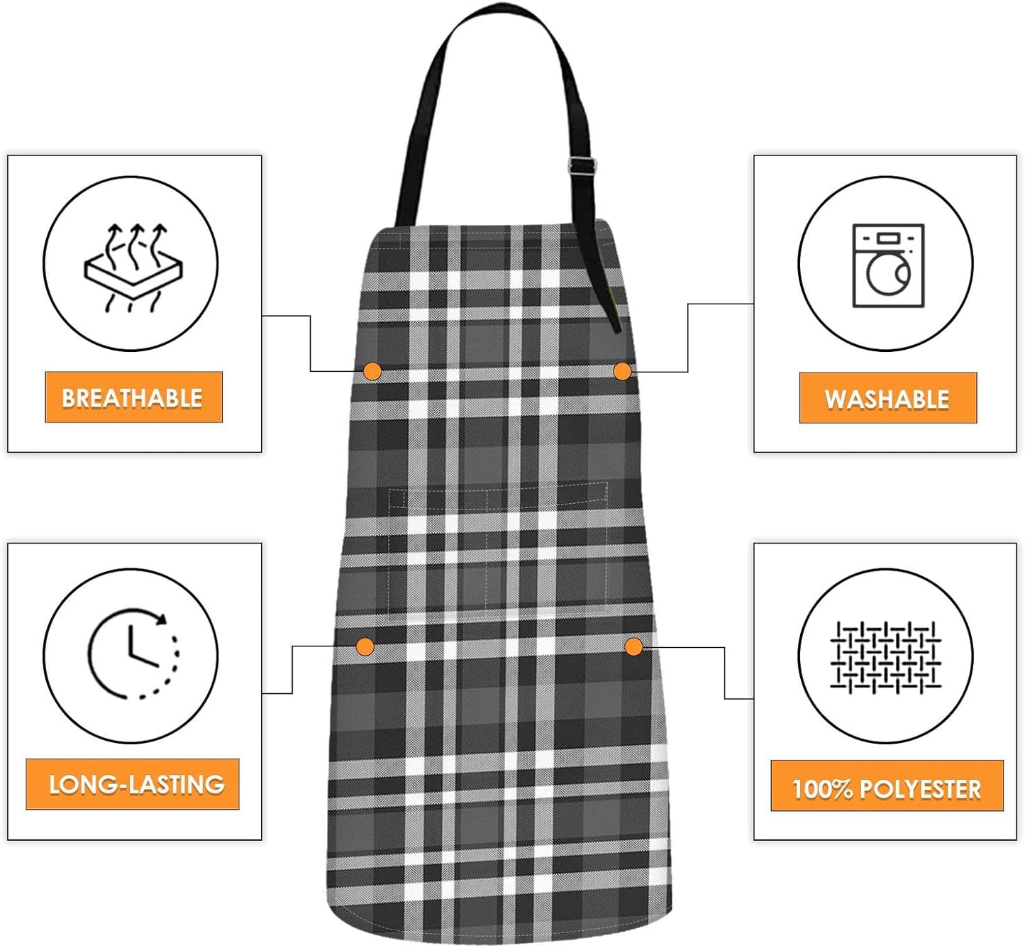Britimes 2 Pack Aprons, Plaid Grid Geometric Adjustable Bib Aprons with 2 Pockets for Women Men Couple Lovers Chef Home Kitchen Cooking Baking Gardening Black Gray Apron 32x28 Inches