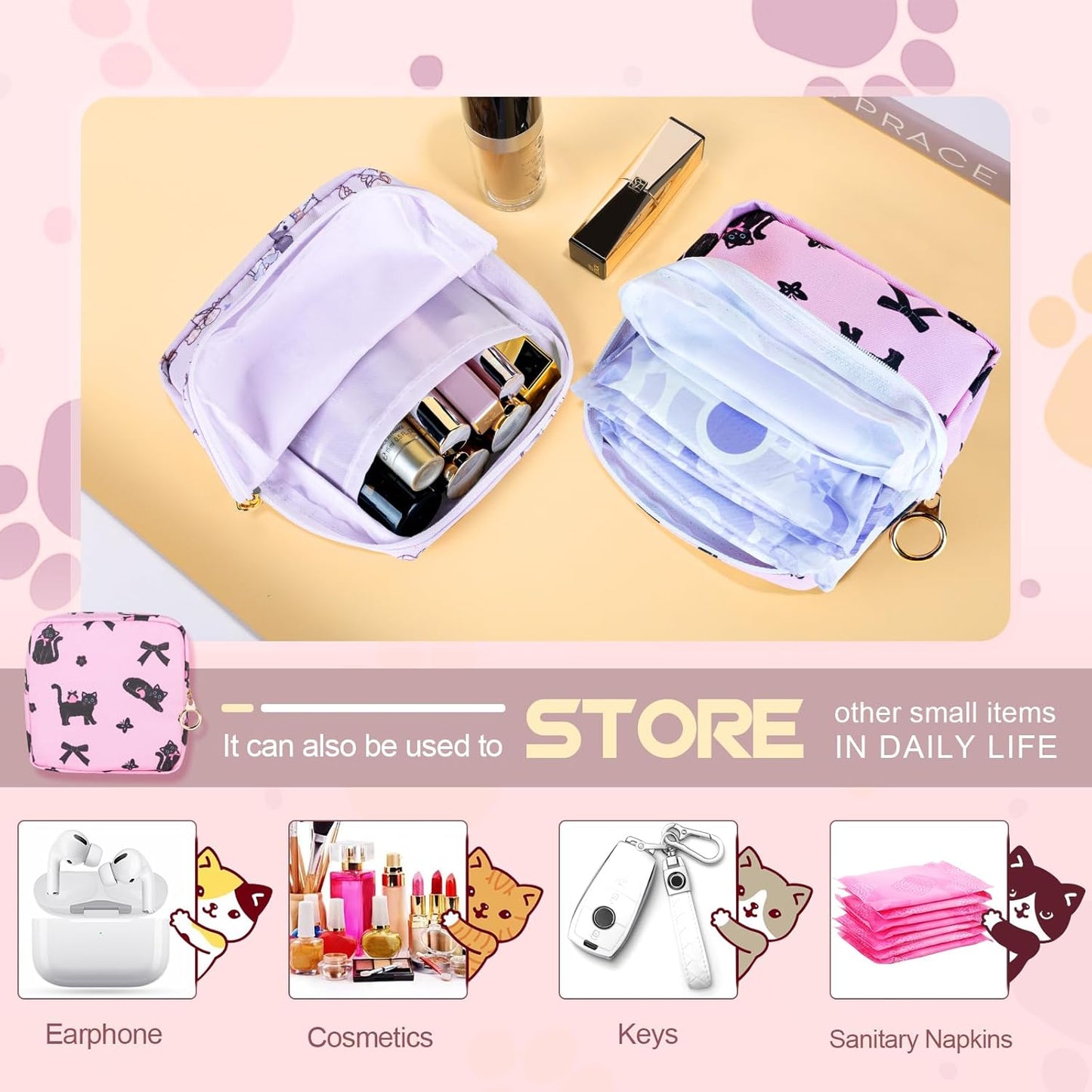 Tampon Holder for Purse, Canvas Period Bag Sanitary Napkin Storage Bag for Girls Womens, Portable Feminine Emergency Pad Period Pouch(Bow-Tie Wink Cat)