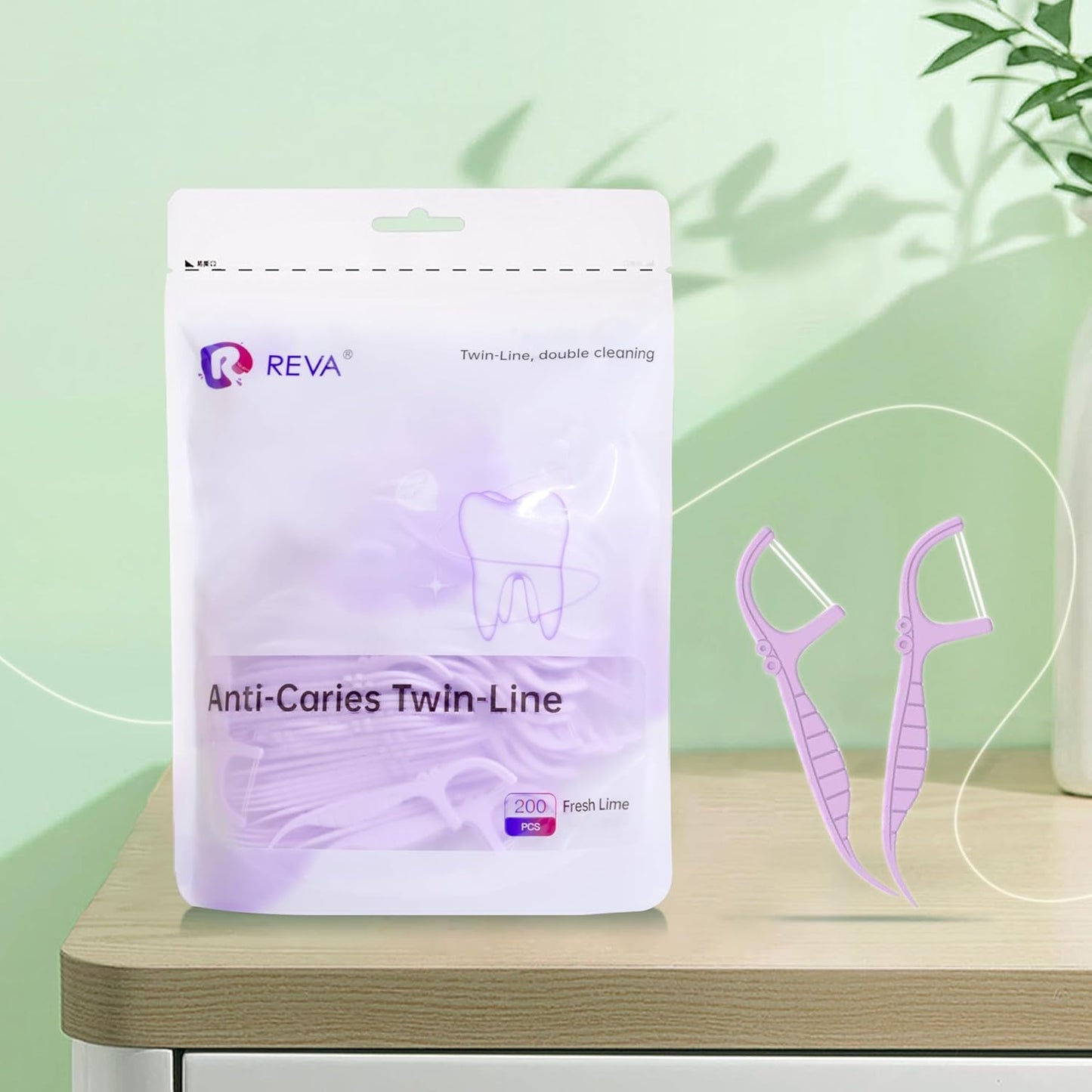 Reva Anti-Caries Twin-Line Dental Floss Picks - 200 Count (Pack of 1), Fresh Lime Flavour Toothpicks, Teeth Cleaning Sticks