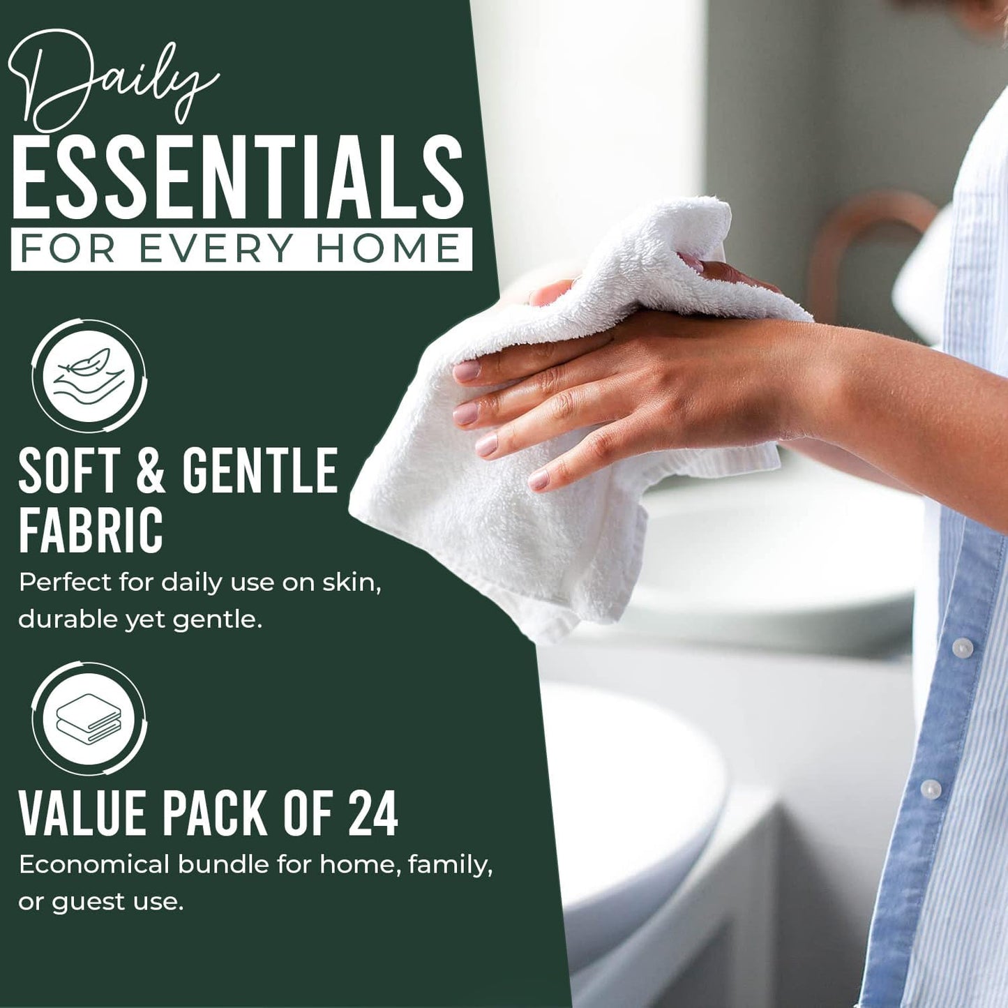 DAN RIVER 100% Cotton Wash Cloths 24 Pack [12x12] Soft & Absorbent washrags, Gym, Hotels & Spa Perfect for Everyday Use Fingertip Towels, Hunter Green