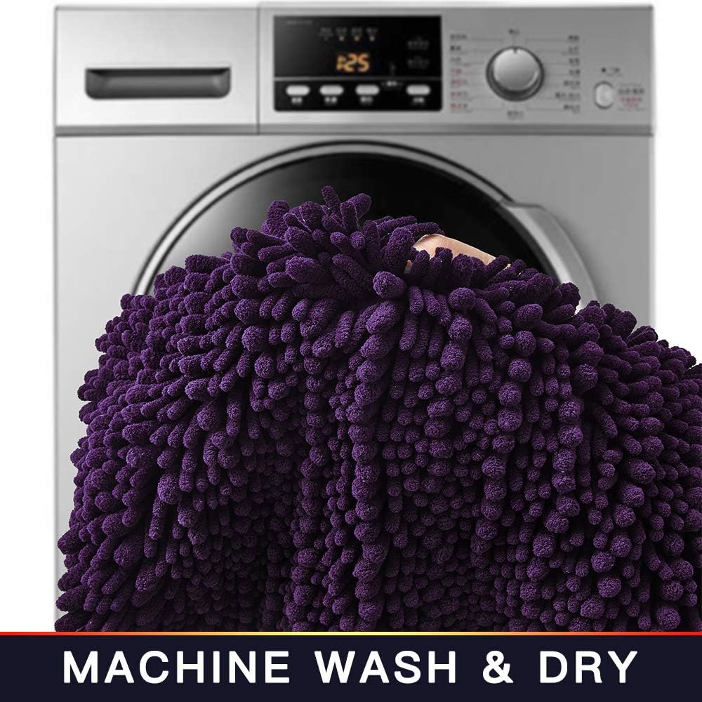Walensee Bathroom Rug 2 Pieces Set Non Slip Bath Mat (20"x32" Plus 20"x32" Dark Purple) Water Absorbent Super Soft Shaggy Chenille Machine Washable Dry Extra Thick Perfect Carpet for Shower Floor