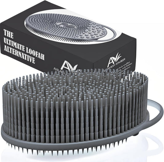 Avilana Silicone Body Scrubber – Gentle Shower Brush & Loofah Alternative- Food Grade & Lab Tested – Fast-Drying, Hygienic, BPA-Free Silicone Body Gentle Exfoliator (Gray, Exfoliate)