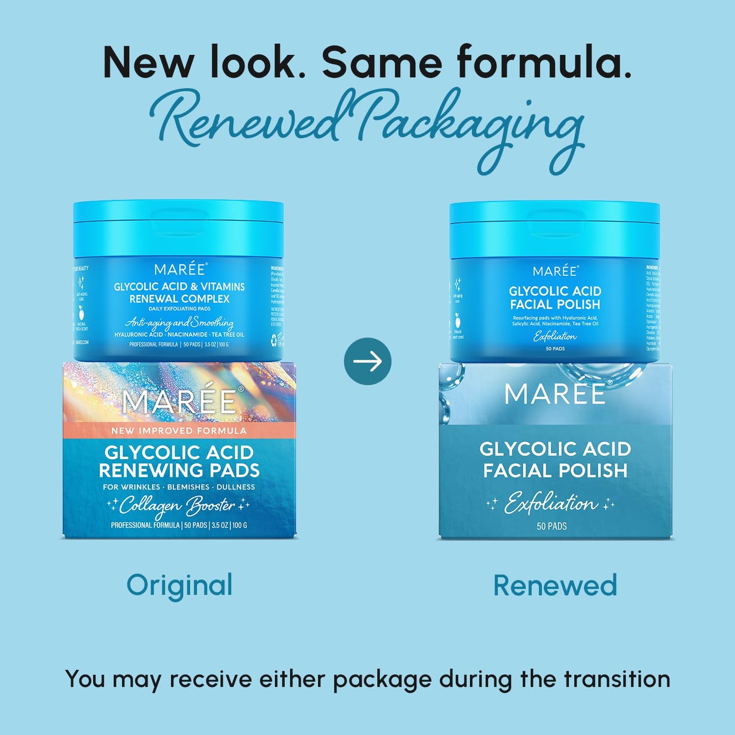 MAREE Glycolic Acid Polishes 2 PACK - Toner Polishes for Face Cleansing - Tea Tree Oil, Salicylic Acid & Vitamins E, B3, B5 - Facial Peel & Radiance Deep Cleaning Effect