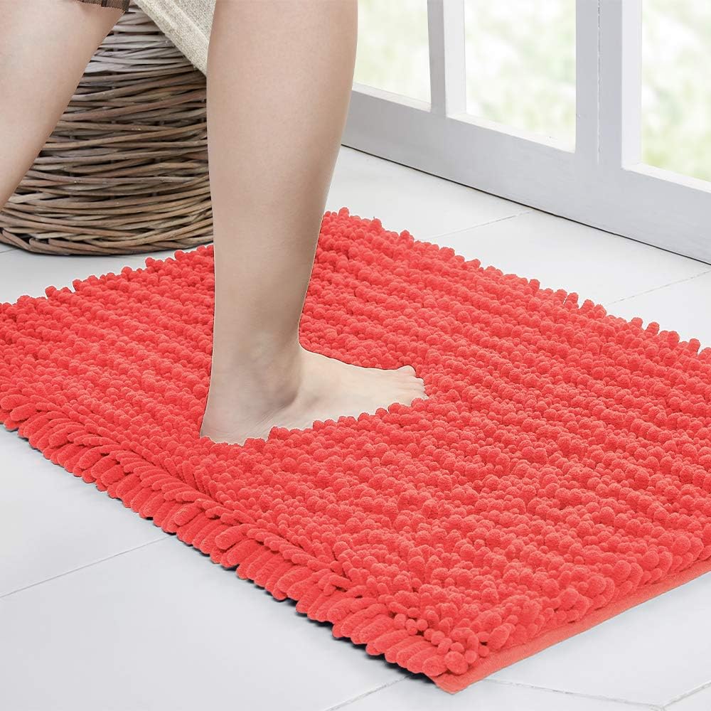 Walensee Bathroom Rug Non Slip Bath Mat (32x20 Inch Coral) Water Absorbent Super Soft Shaggy Chenille Machine Washable Dry Extra Thick Perfect Absorbant Best Large Plush Carpet for Shower Floor
