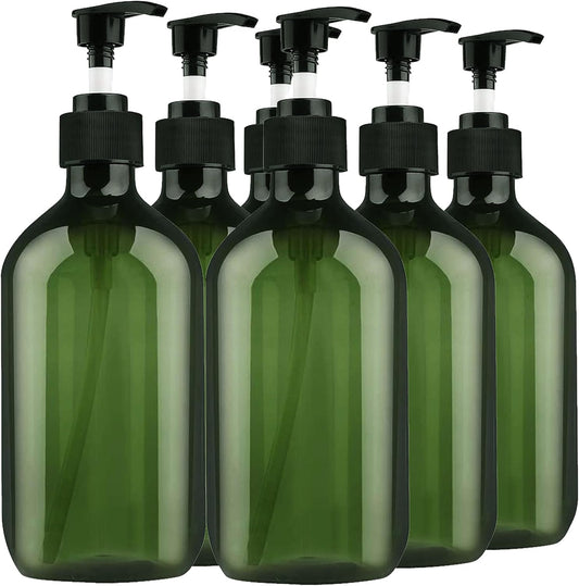 FOOCHY 6 Pack Empty Plastic Bottles with Pump Dispenser and 6pcs Labels Included, Refillable Travel Containers for Hand sanitizer Shampoo Lotion, etc - No BPA/Paraben, 500ml/16.9oz (Green)