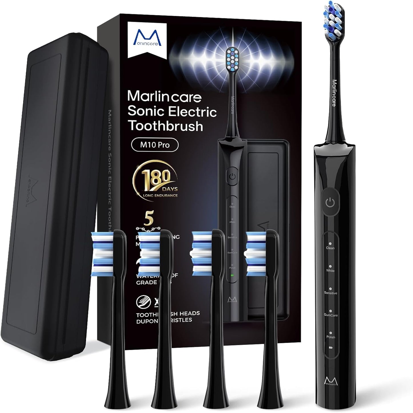 Electric Toothbrush for Adults, Rechargeable Sonic Travel Toothbrush Teens with 4 Brush Heads-180 Days Battery Life, 55000VPM, 5 Modes Smart Timer& Travel Case, Black