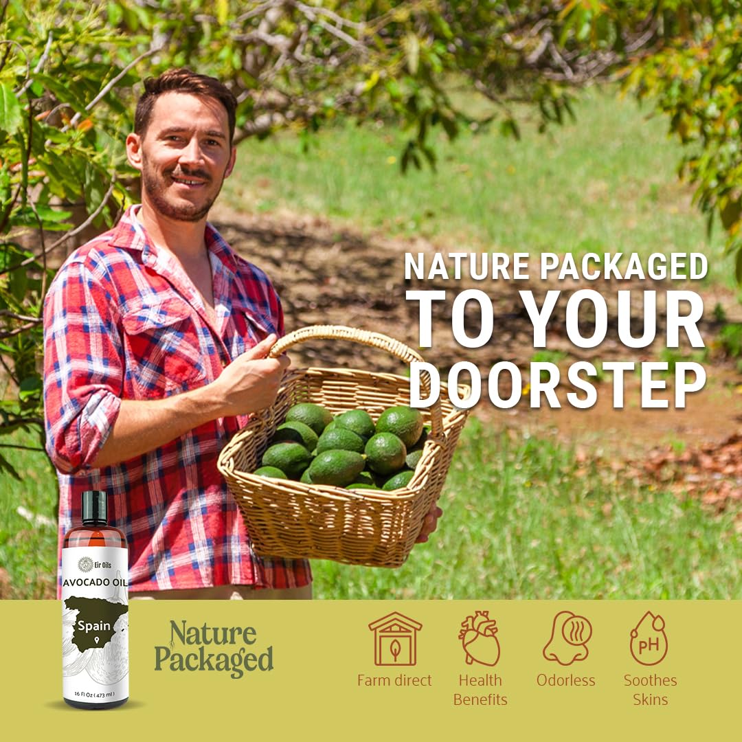 Avocado Oil - Direct from EIR Oils Farm in Spain - 100% Pure Carrier Oil for Hair, Face, and Skin - Hand-Picked, Cold-Pressed Carrier Oil - (16oz)