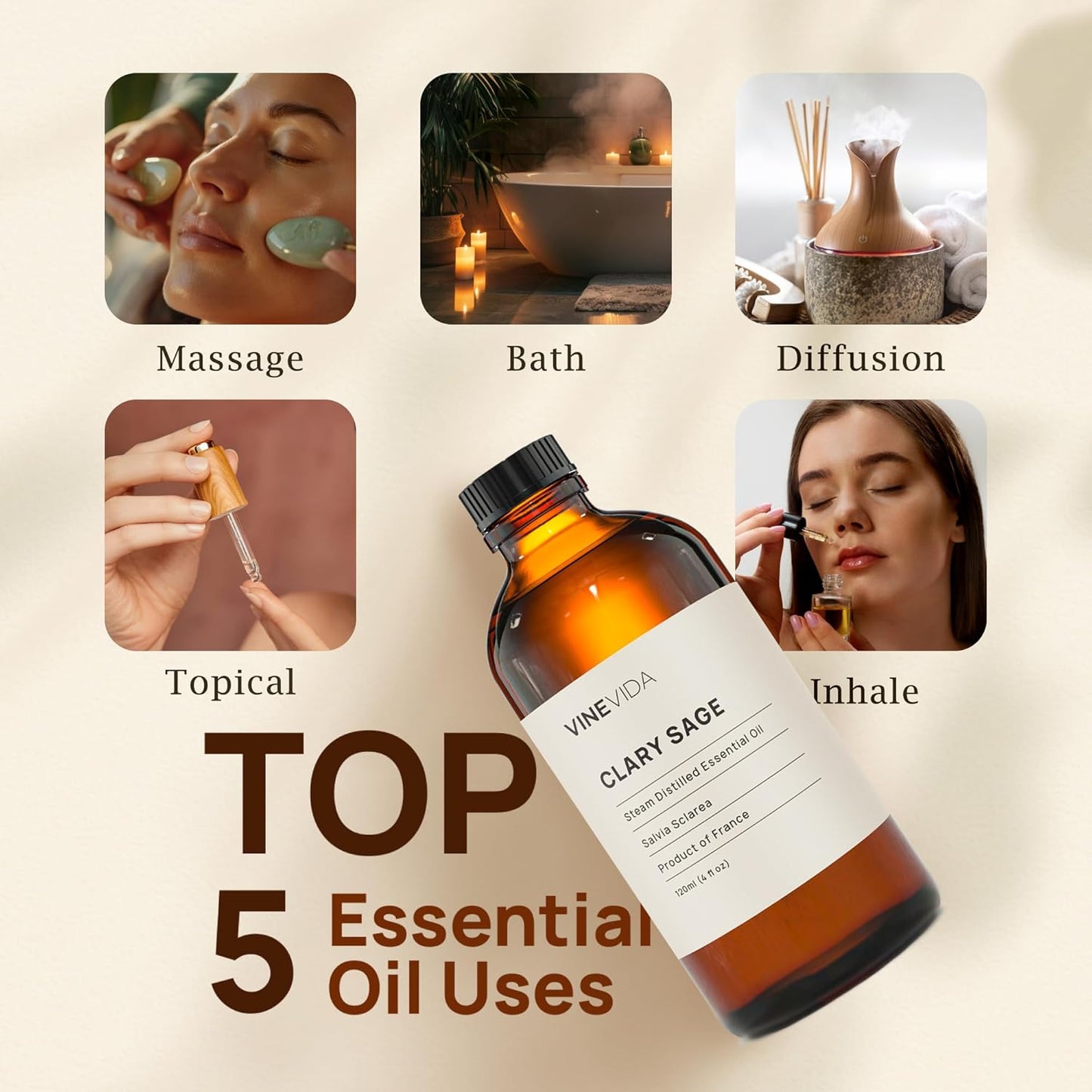 VINEVIDA Clary Sage Essential Oil 4 oz - Undiluted Candle Scent DIY Scents for Candlemaking Bulk Soap Making Safe Skin, Pack of 1,4 Fl Oz,120 milliliters,7.18 Ounces