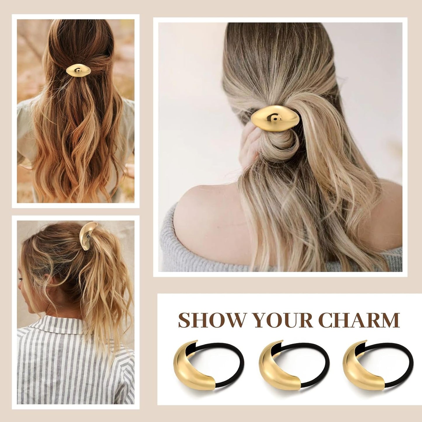 3PCS Gold Hair Ties, Metal Hair Ties for Thick Hair, Elegant Durable Geometric Design Hair Cuffs, Gold Hair Accessories Stretchy Non-Damage Ponytail Cuff Holders Holiday Gifts
