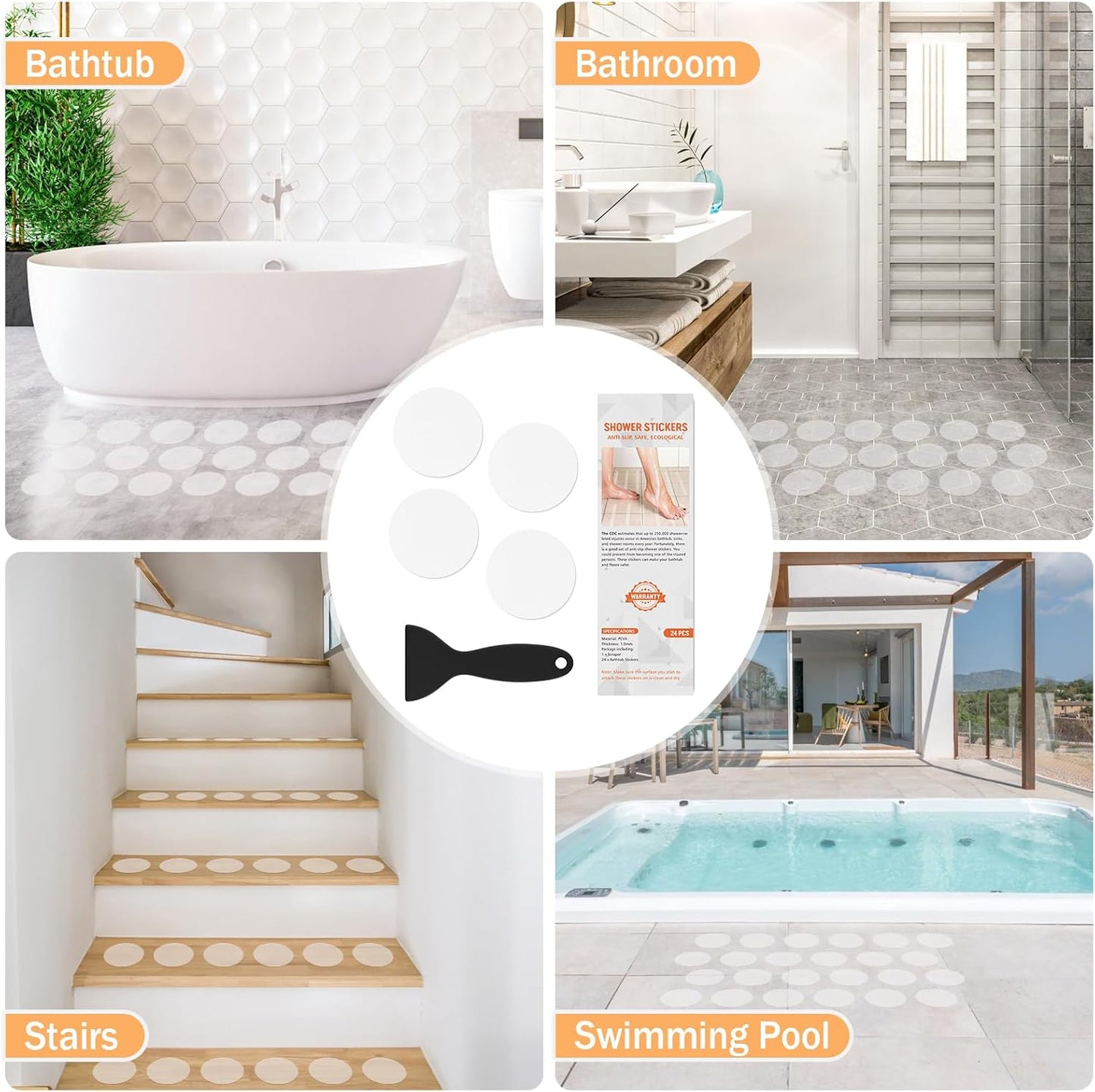 Non Slip Bathtub Stickers, 24 PCS Shower Stickers for Safety Bathroom Tubs, Bathtub Non Slip Stickers and Adhesive Decals Scraper for Bath Tub, Shower Floor, Stairs, Ladders(Round Shape, Clear)