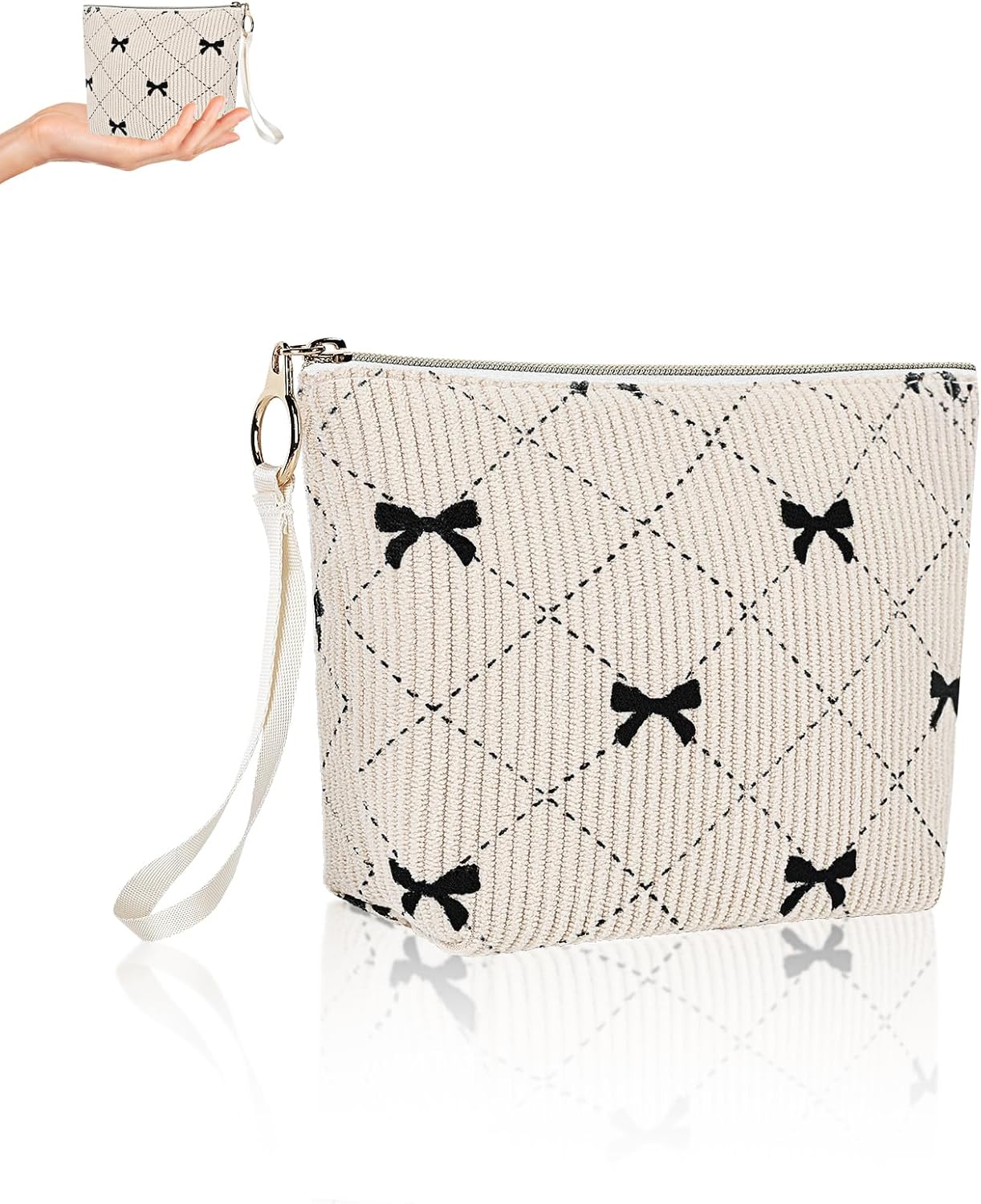 Bow Period Bag for Teen Girls, Corduroy Cute Sanitary Napkin Storage Bag with Wristlet, Menstrual Pad Pouch Tampon Holder for Backpack (Beige)