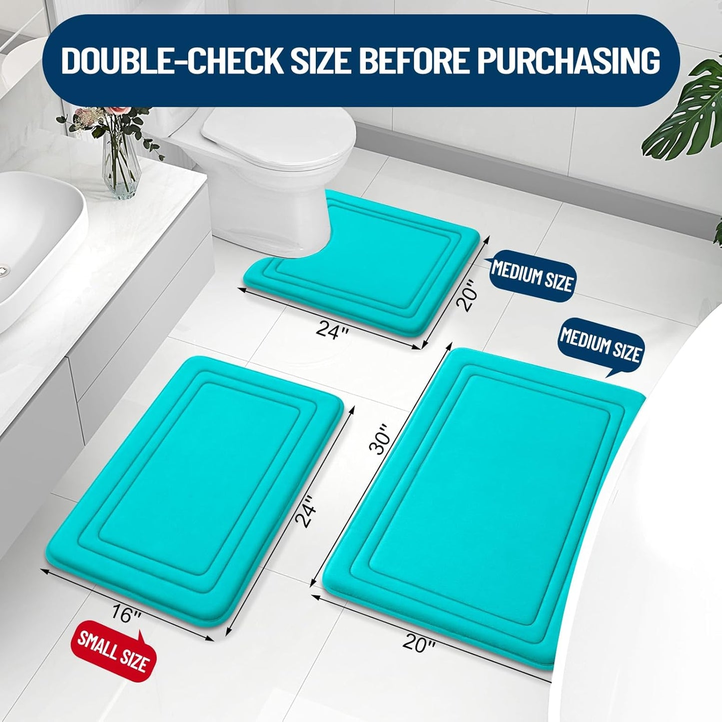 Grandaily Memory Foam Bath Mat Rug 24x16, Ultra Soft, Non-Slip and Absorbent Bathroom Rugs, Machine Wash Dry, Comfortable Bath Carpet for Bathroom Floor, Tub and Shower, Teal