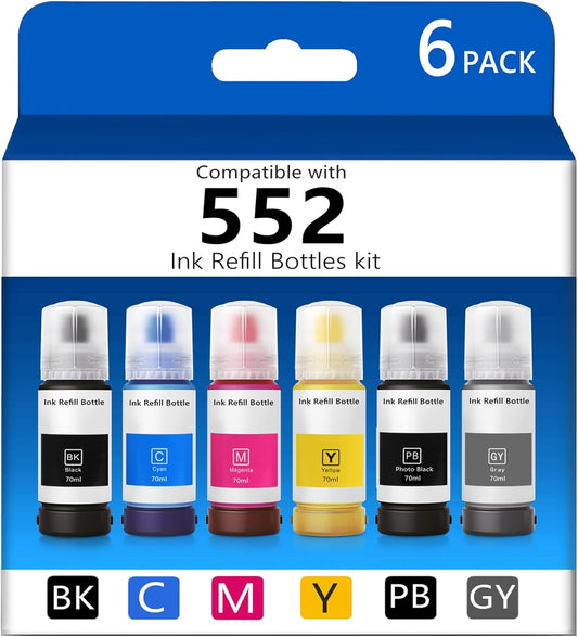 T552 Refill Ink Bottles Compatible with Epsn 552 Ink Refill Bottles Use for EcoTank Photo ET-8550 ET-8500 Printer（PB C M Y GY BK 6 Color Cyan/Magenta/Yellow/Photo Black/Gray Ink Bottles