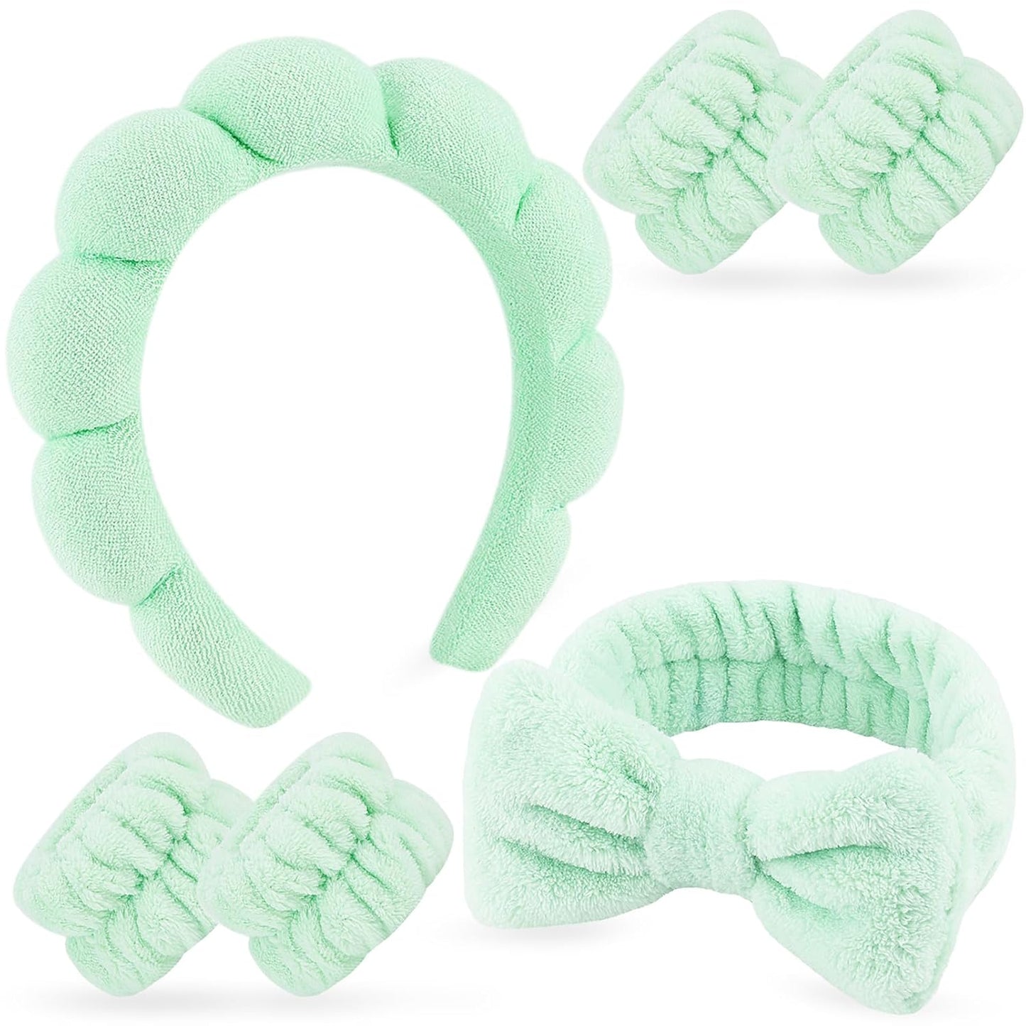 Zkptops 6Pcs Spa Headband for Washing Face Wristbands Set Women Bubble Skincare Makeup Sponge Terry Cloth Padded Puffy Headband Bow Tie Hairband Cute Non Slip Thick Hair Accessory Gifts (Light Green)