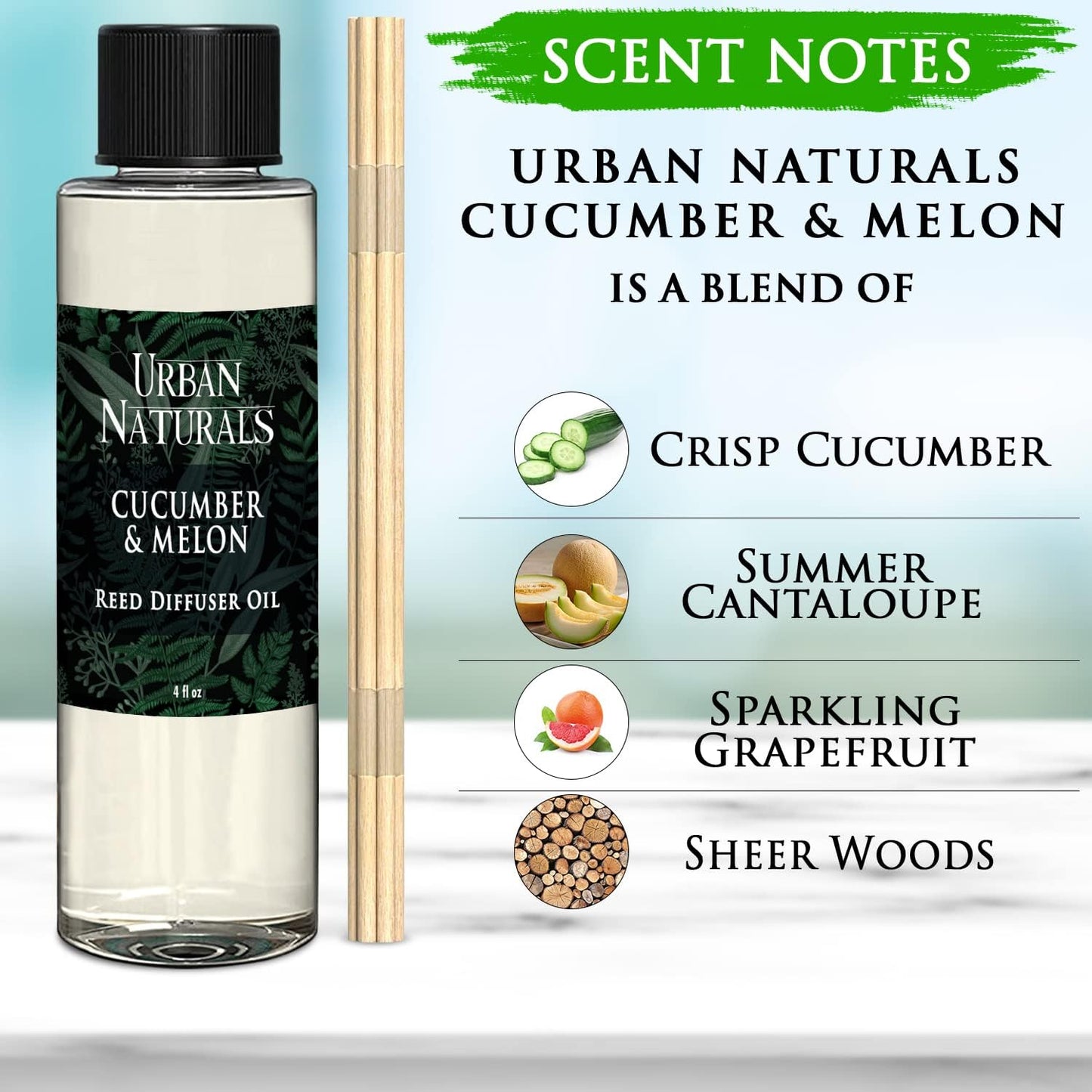 Urban Naturals Reed Diffuser Oil Refill Cucumber Melon, Crisp Cucumber, Juicy Melon, Refreshing Summer Scent, 4 oz + Free Reed Sticks, Made in The USA