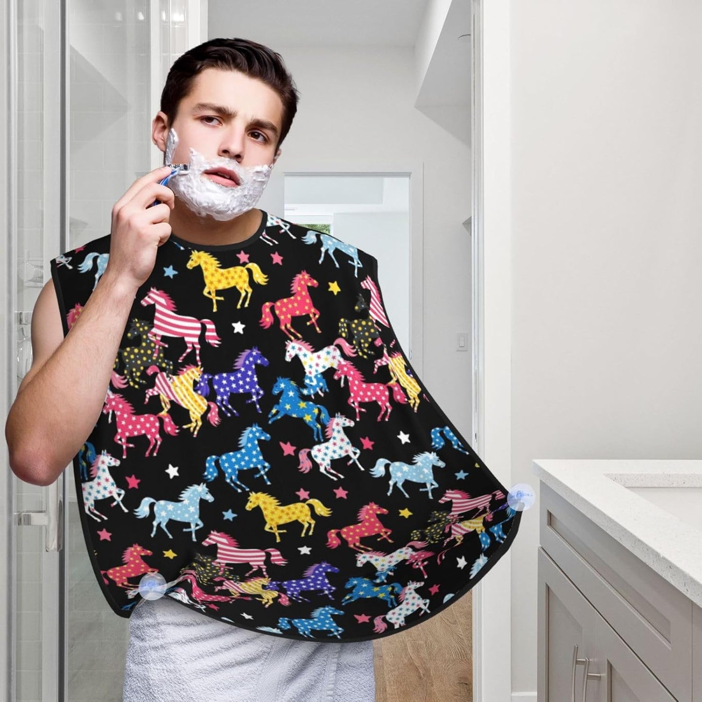 Beard Hair Catcher for Men, Waterproof Shaving Bib Apron Non-Stick, Trimming Tool for Dad Husband, Black Colorful Horse Shave Bib