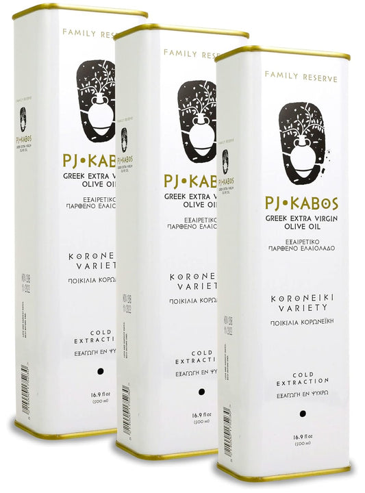 P.J. KABOS 2024/25 Harvest, High Phenolic (450+mg/kg), Premium Greek Extra Virgin Olive Oil, Kosher, Greece, Cold Extracted, 3 x 16.9 oz Tin, Koroneiki, "Family Reserve - Medium"