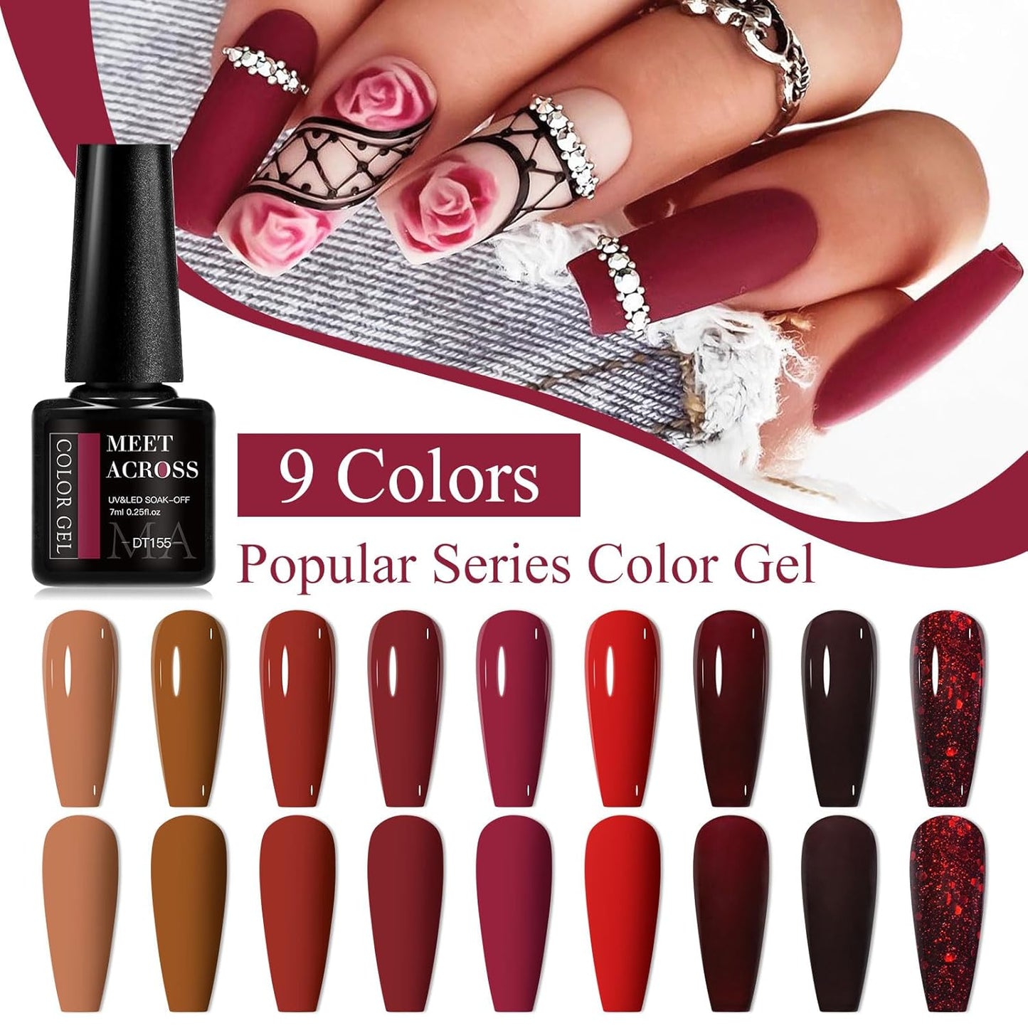 MEET ACROSS 9 Colors Gel Nail Polish + 3PCS Function Gel Nail Polish Kit,Fashion Nail Art Set Design Gifts for Women Manicure Salon (SET6, 12pcs)