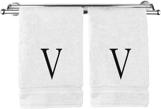 Monogrammed Hand Towel, Personalized Initial Gift, Extra Absorbent 100% Turkish Cotton - Soft Terry Finish - Set of 2 - Black Block Initial V - Embroidered on White Towels