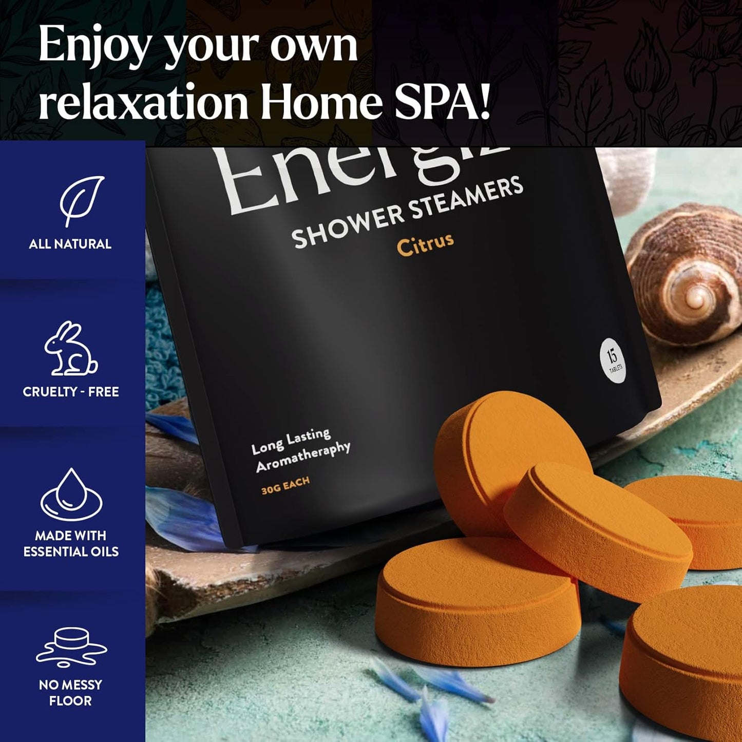 Miracle Made Citrus Mint Aromatherapy Shower Steamers – Essential Oil Shower Bombs for Relaxation, Nasal Relief & Daily Self-Care – 15 Shower Melt Tablets