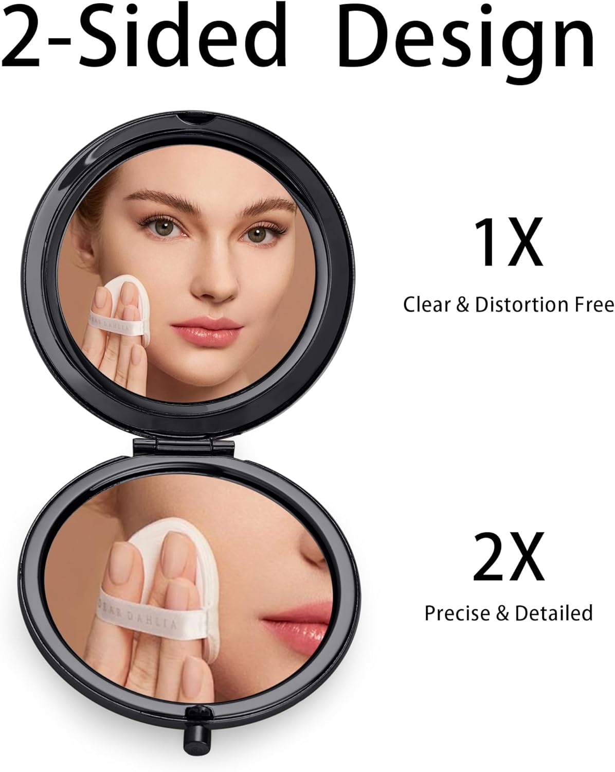 Compact Mirror, Pocket Travel Makeup Mirror for Purse, Metal Round Shell, 2-Sided 1X/2X Magnifying, Portable, Folding, Handheld, Black, 2 Pack