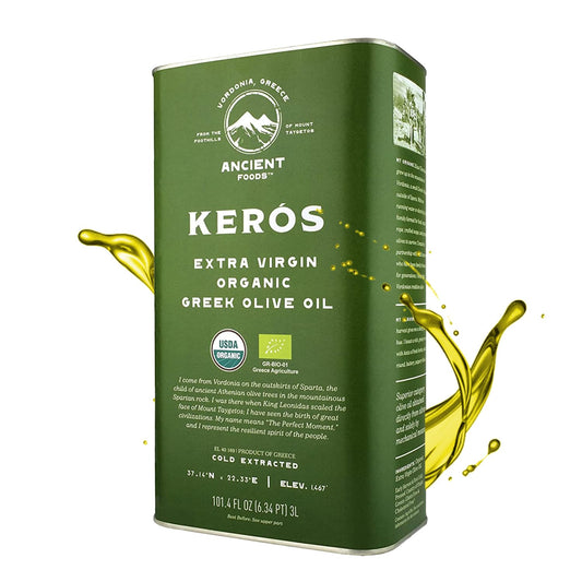 Ancient Foods Keros Greek Organic Extra Virgin Olive Oil – Cold Pressed Olive Oil from Greece, High Phenolic Organic Olive Oil from 1000 Year Old Trees (101oz, 3L)