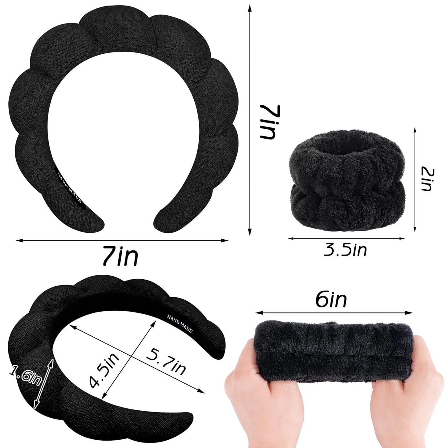 Zkptops 6Pcs Spa Headband for Washing Face Wristbands Set Women Bubble Skincare Makeup Sponge Terry Cloth Padded Puffy Headband Bow Tie Hairband Cute Non Slip Thick Hair Accessory Gifts(Black)