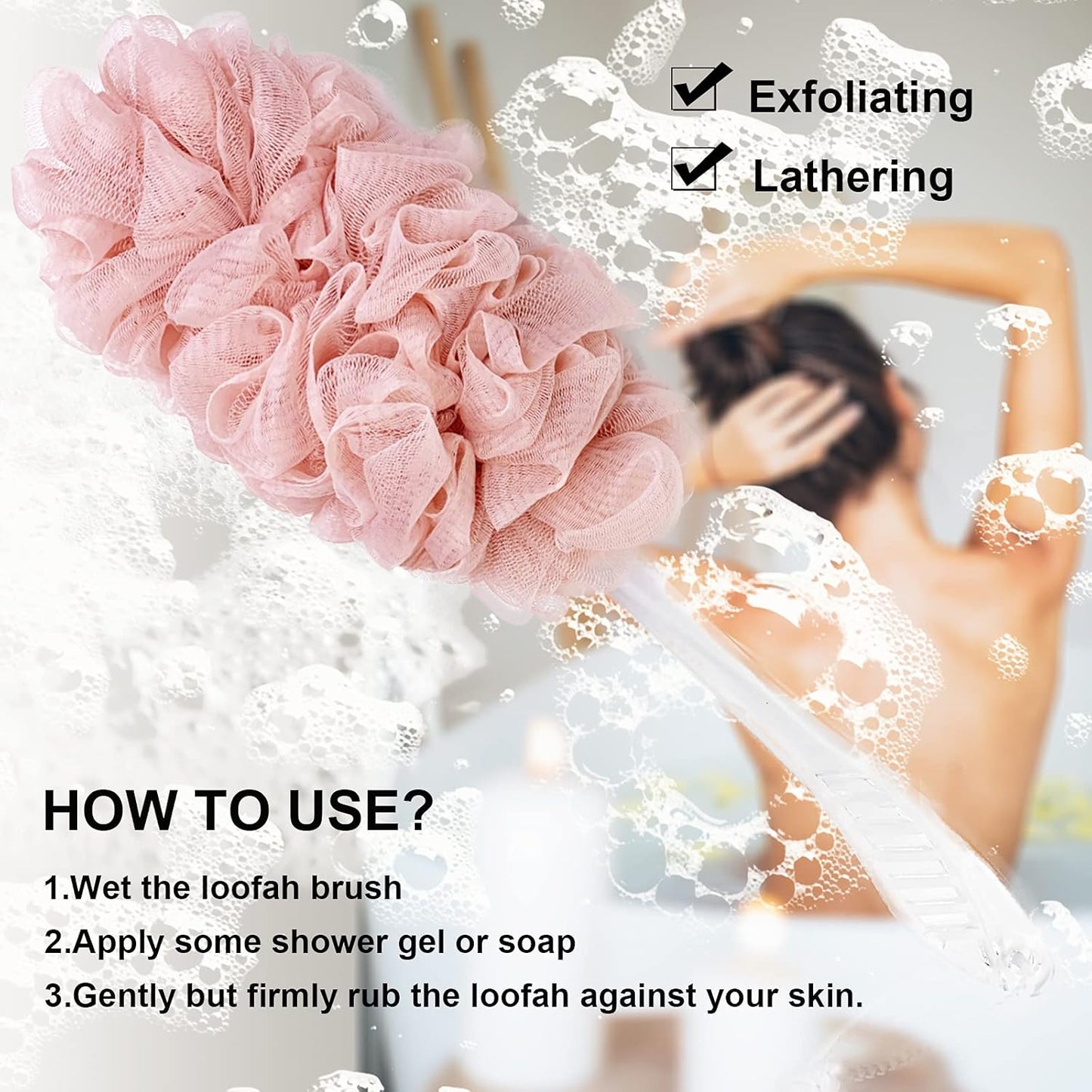 PPHAO - Back Loofah on a Stick for Men - Bath Brush Long Handle for Shower Elderly - Loofah Sponge for Women - Plastic Loofah - Bath Body Brush - Pink Loofah - 2Pack