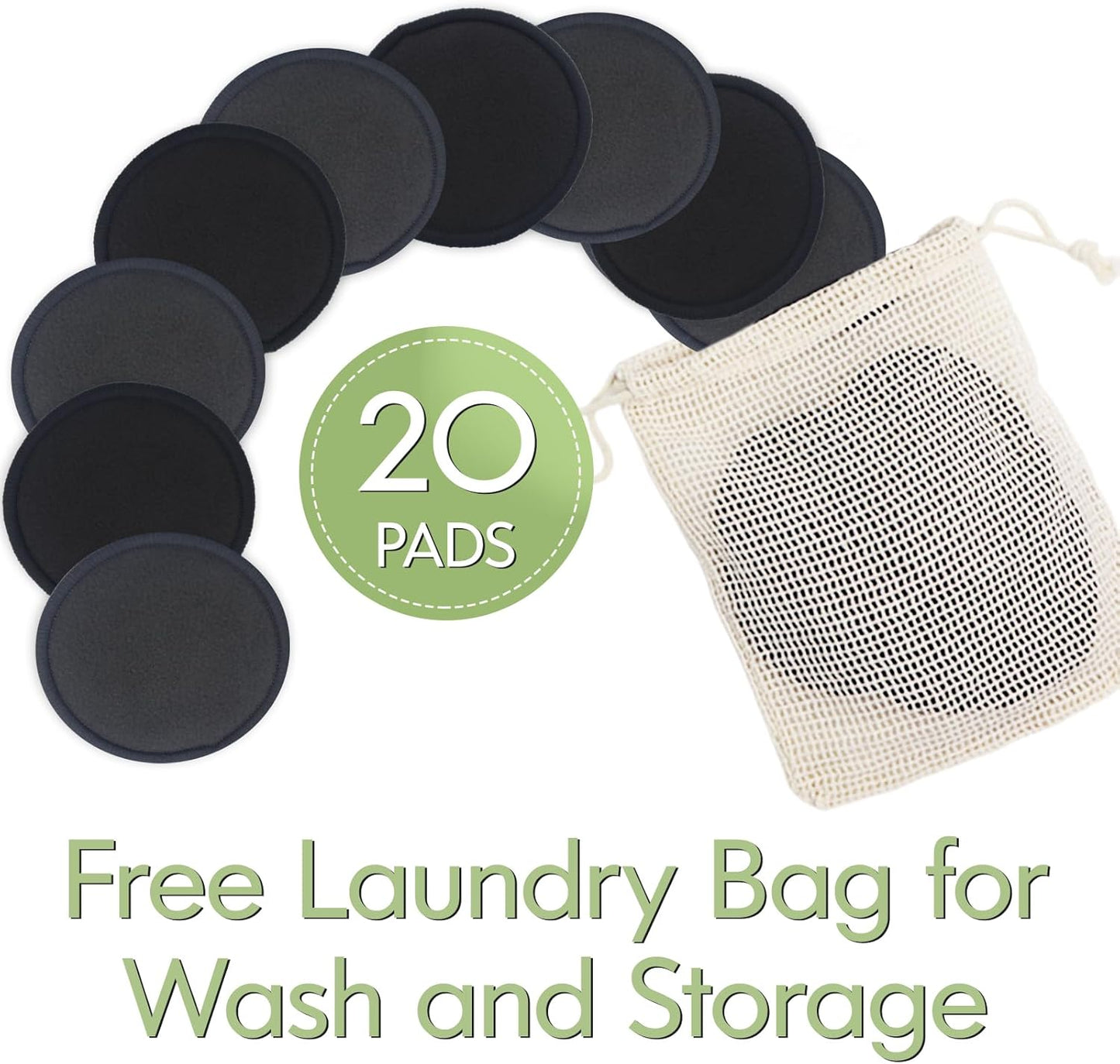 Reusable Makeup Removal Pads - 20 Pack with Laundry Bag - Soft Black Reusable Cotton Makeup Remover Pads for Face - Washable Bamboo Cotton Rounds