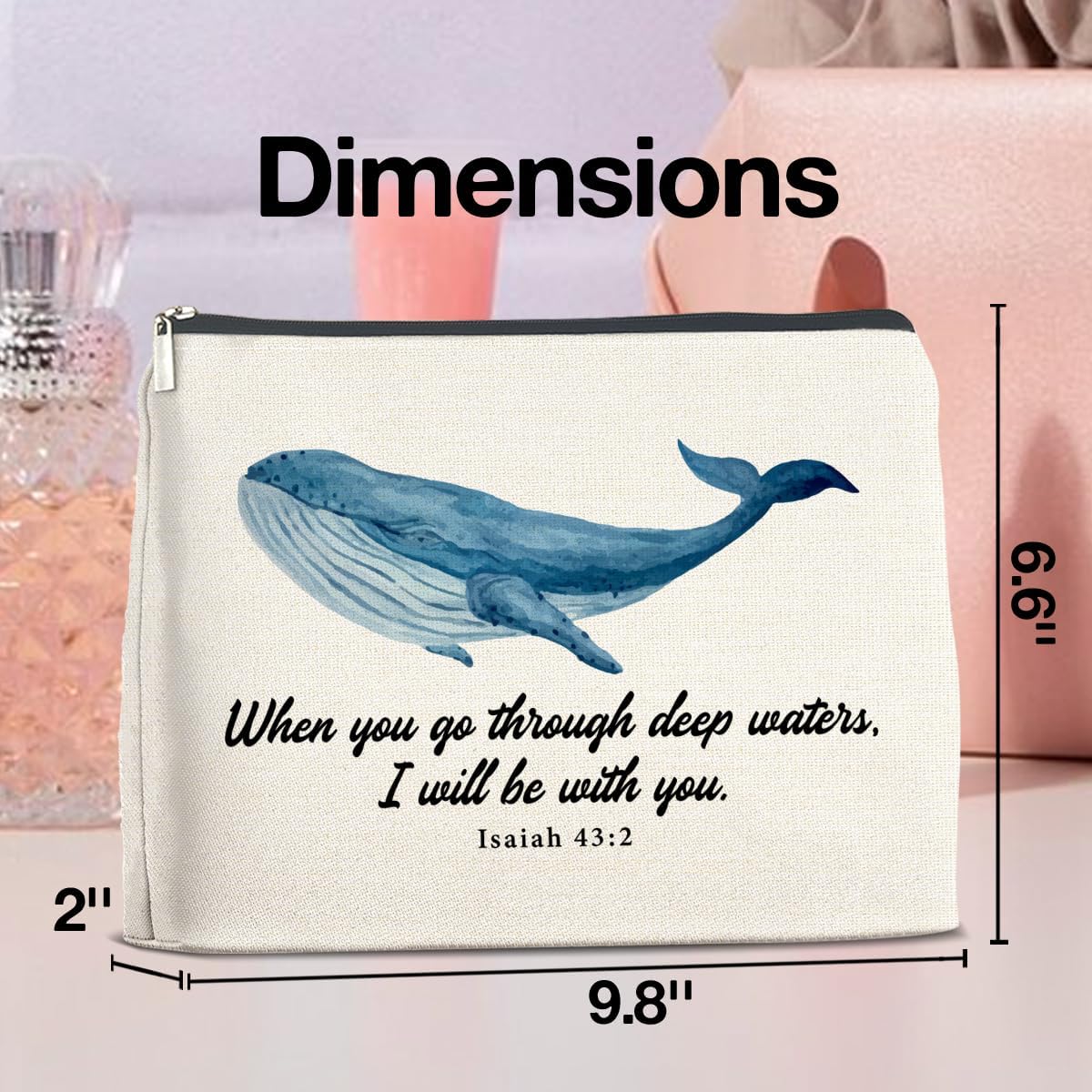 Christian Whale Shark Makeup Bag Gifts for Women Bible Verse Isaiah 43:2 When You Go Through Deep Waters I Will Be With You Cosmetic Bag Zipper Pouch