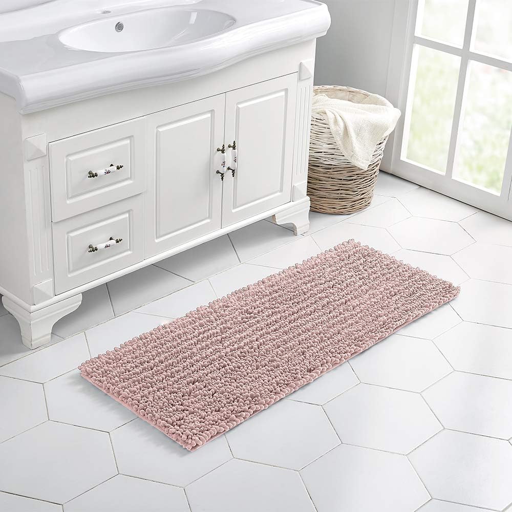 Walensee Large Bathroom Rug Non Slip Bath Mat (24x60 Inch Dusty Pink) Water Absorbent Super Soft Shaggy Chenille Machine Washable Dry Extra Thick Perfect Absorbant Best Plush Carpet for Shower Floor