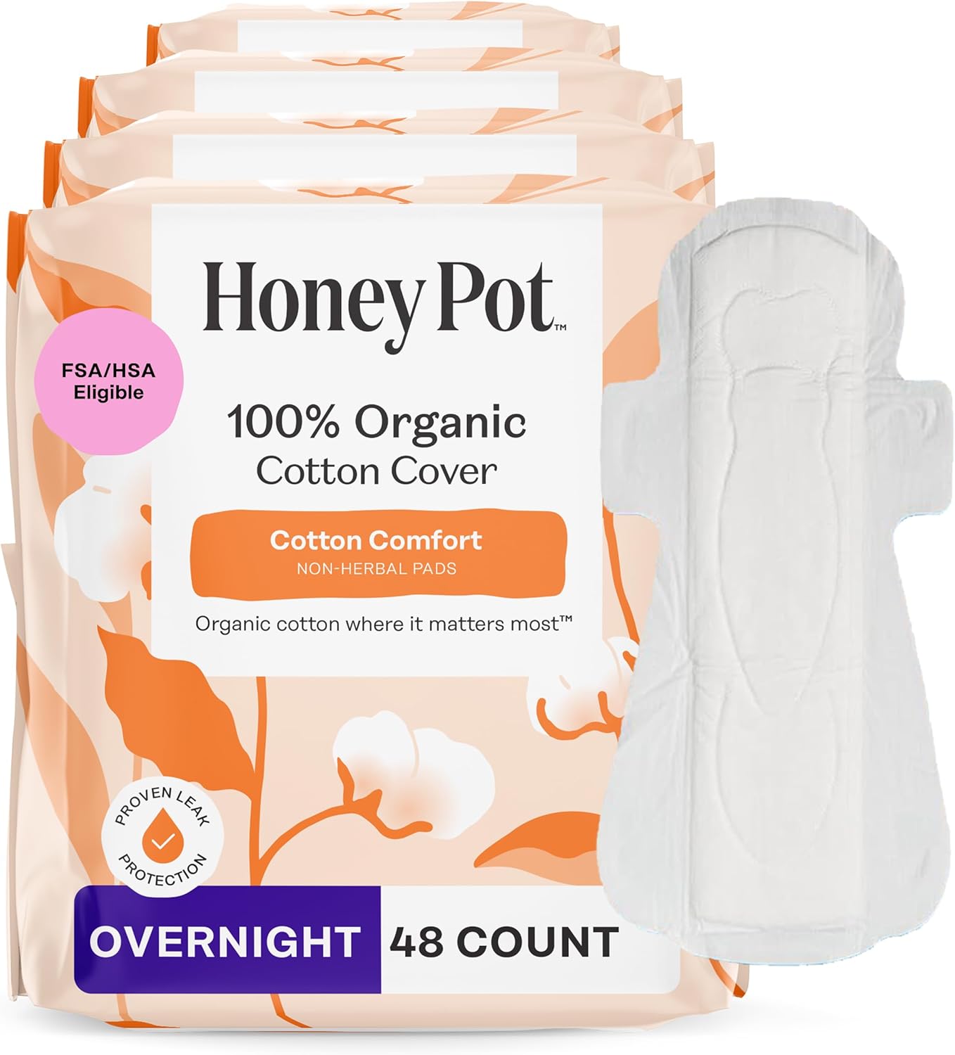 The Honey Pot Company - 48ct - Sanitary Pads for Women - Non-Herbal Overnight w/Wings - Organic Cotton Cover & Ultra-Absorbent Pulp Core - Feminine Care