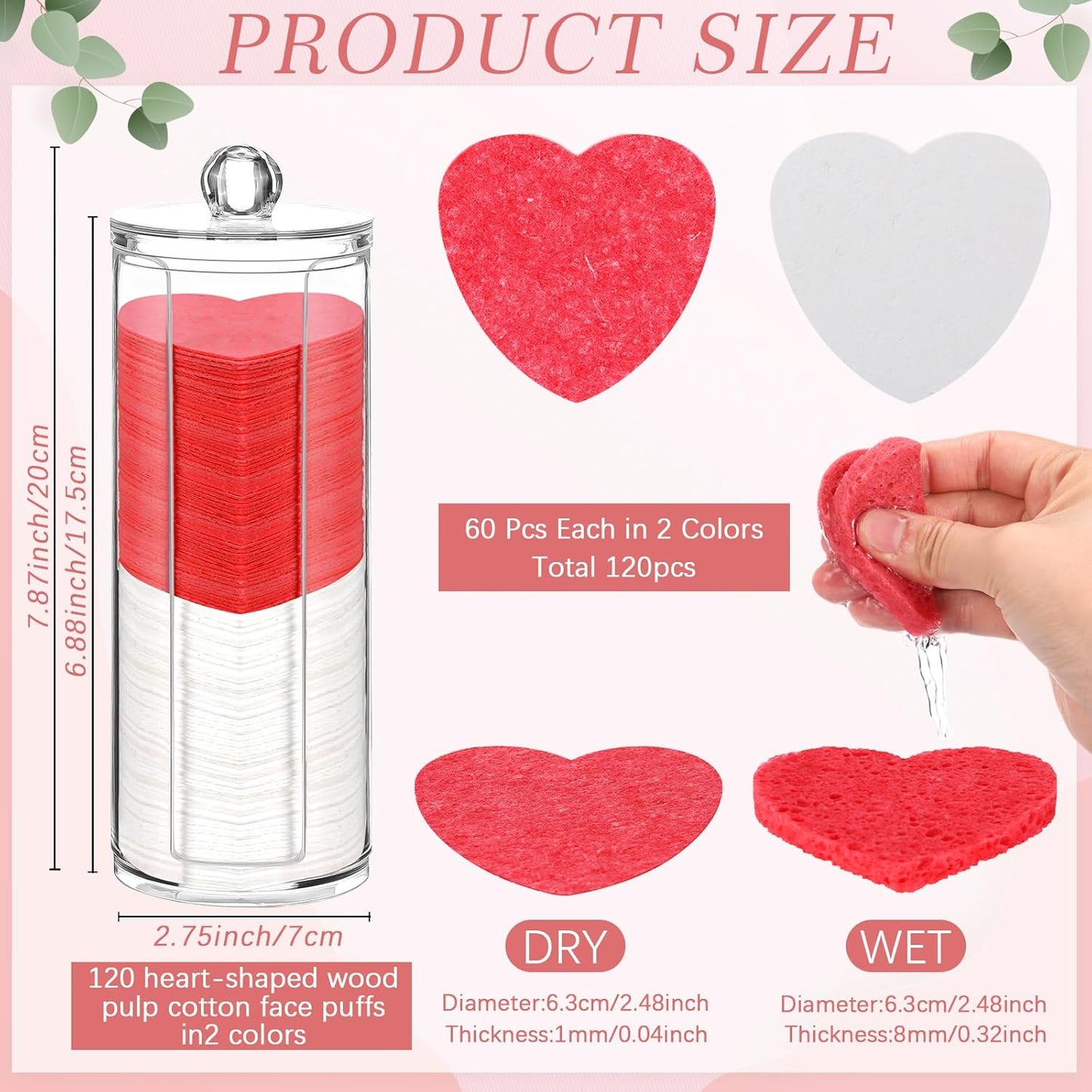 Sieral 120 Pcs Compressed Facial Sponges with Container Disposable Face Sponge Pads for Washing Face Cleansing Exfoliating Esthetician Makeup Removal (Heart,Red, White)