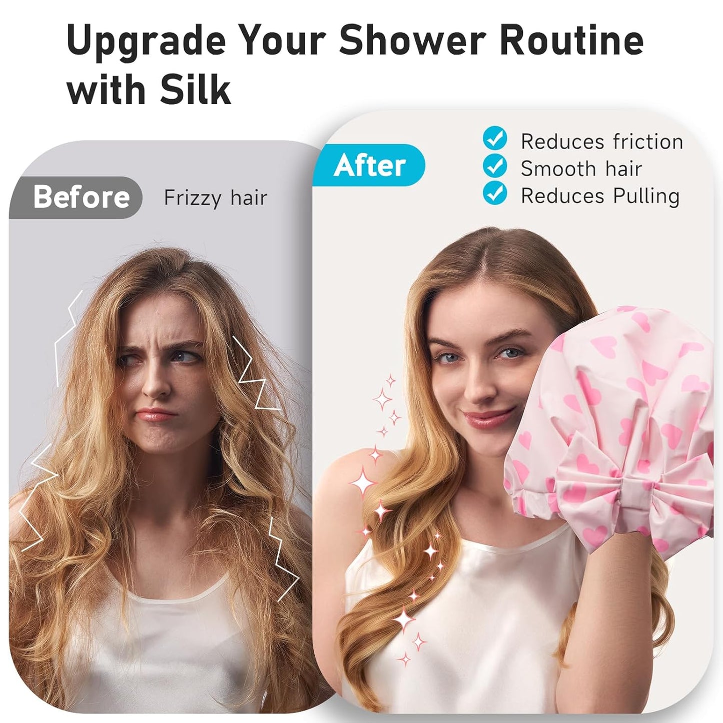 LitBear Luxury Silk Lined Shower Caps for Women Reusable Waterproof, Double Layered Large Bathing Hair Cap with Adjustable Elastic Strap, Non-slip, Quick-dry, for Long Short Hair, Pink Heart