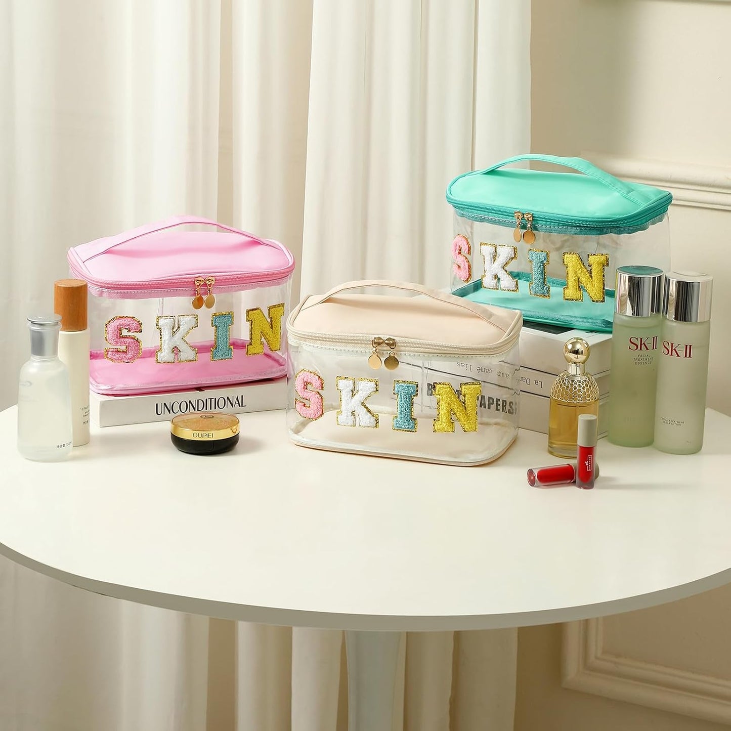 Personalized Chenille Letter Clear Skin Makeup Bag, Large Size Waterproof Nylon Cosmetic Toiletry Storage bag with Top Handle, Transparent Meds Skin Travel Organizer Cosmetic Bag(09Skin-Pink)