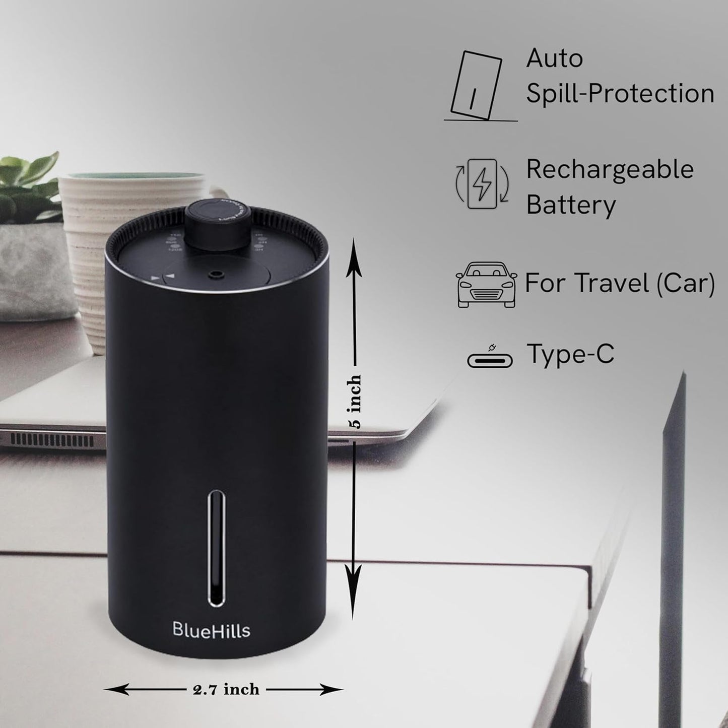 BlueHills Waterless Diffuser Cordless Car Essential Oil Aromatherapy Large Room Portable USB Travel Battery Operated Hotel Home Premium Mini Traveling Diffuser J03 Black
