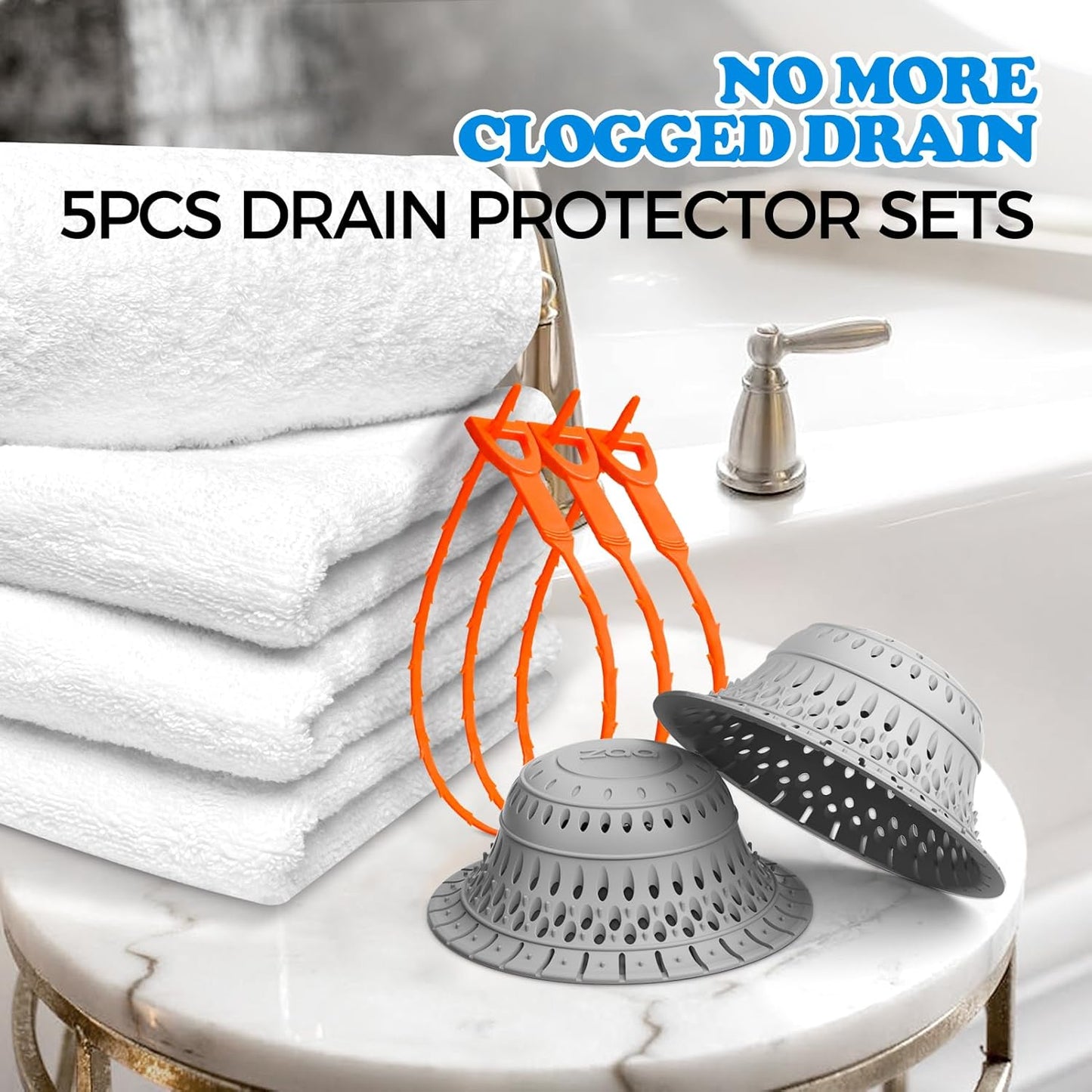 zaa 5 Pcs Bathtub & Shower Drain Hair Catcher, 2 Pack Silicone Collapsible Drain Protector and Drain Cover with 3 Snake Drain Clog Removers, for Pop-Up and Regular Drains of Tub, Shower, Bathroom