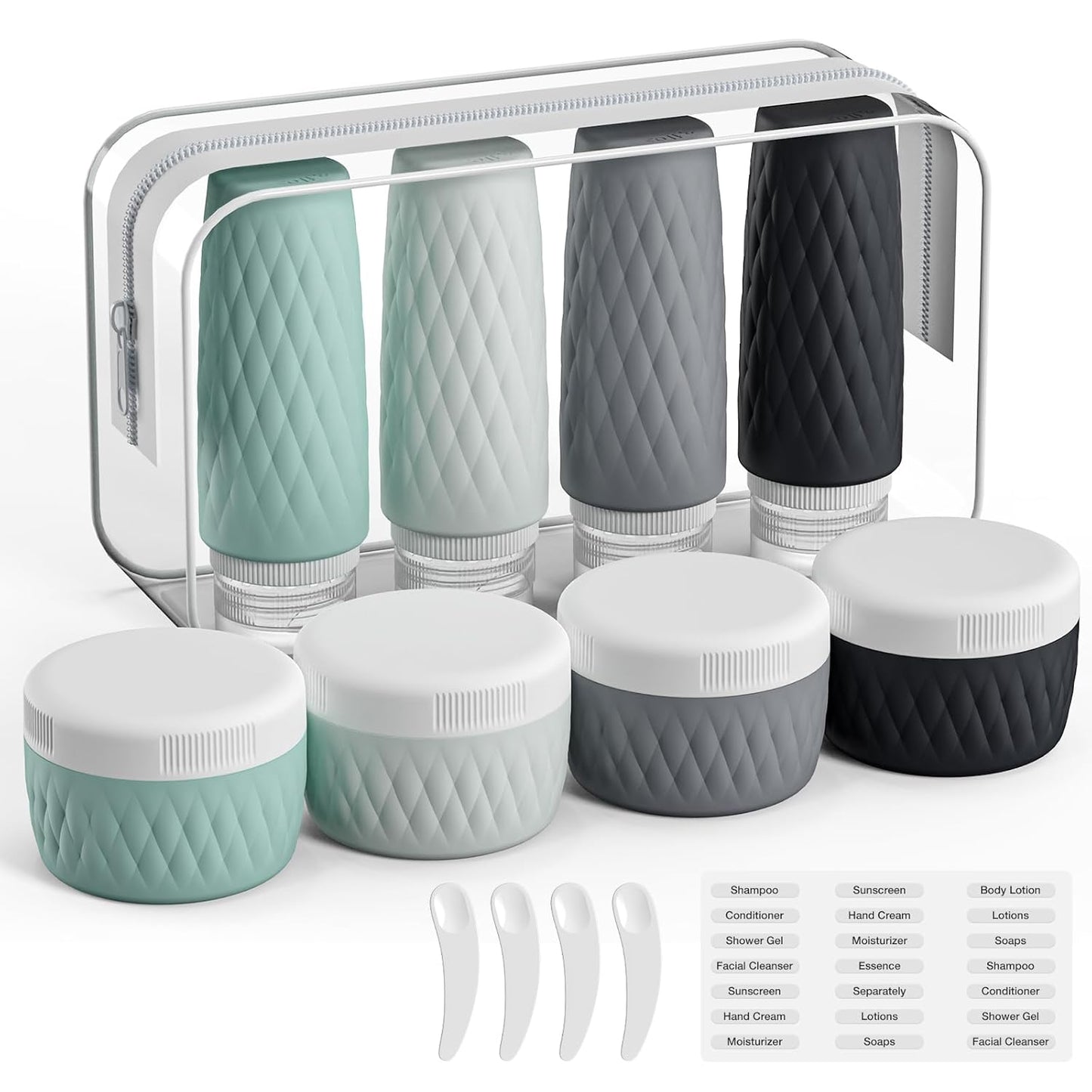 8 Pack Travel Bottles for Toiletries - 3 OZ / 90 ML, | Leak Proof Silicone Containers with Clear Bag, Travel Size Toiletries for Lotions, Creams, Foundation, Shampoo, body wash and More |