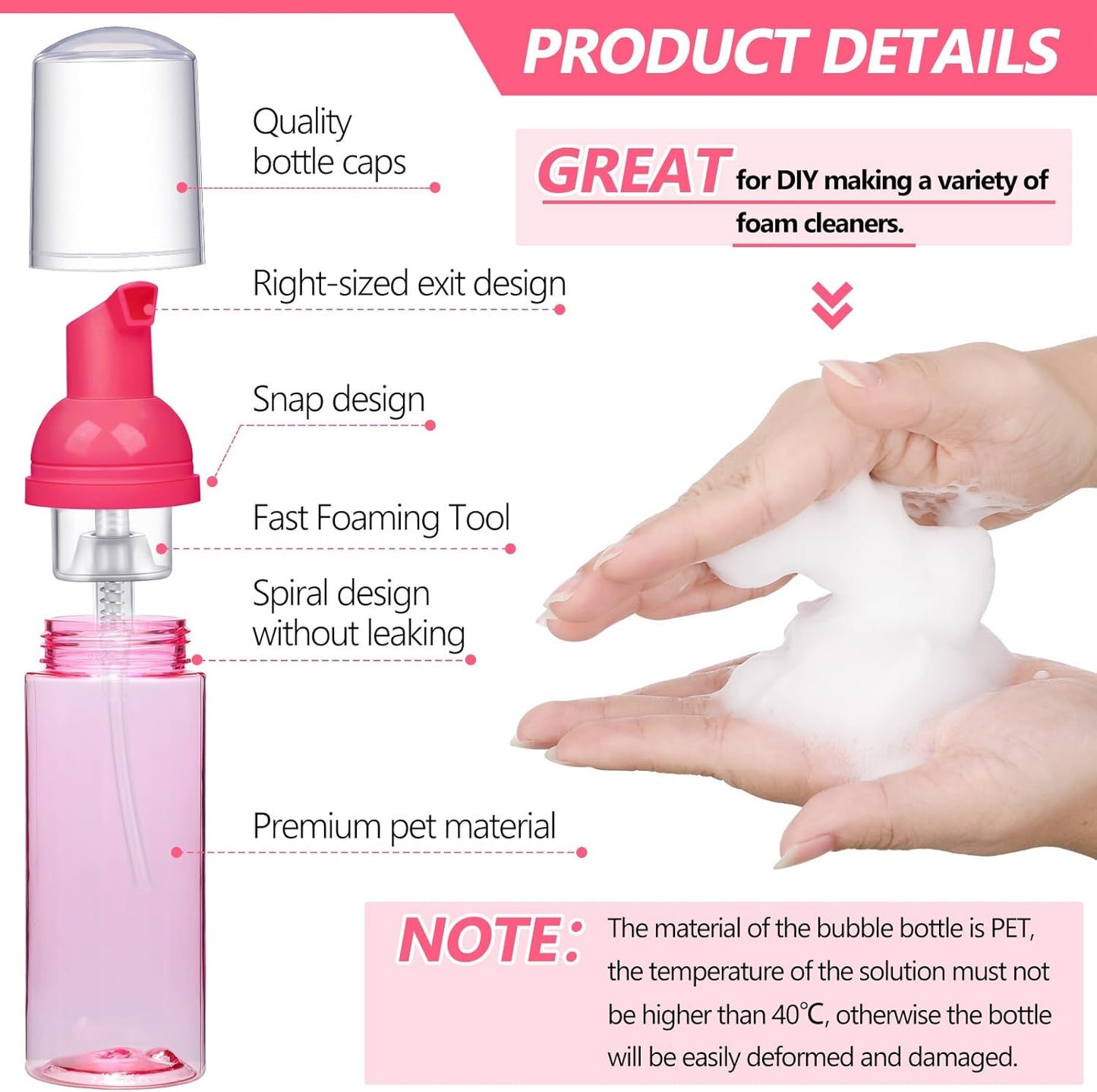 Dandat 120 Pcs 2 oz Plastic Foam Soap Dispensers Bulk Refillable Foaming Pump Bottle Empty Mini Shampoo Lash Cleaning Bottles for Travel Cosmetics Hand Soap(Pink)