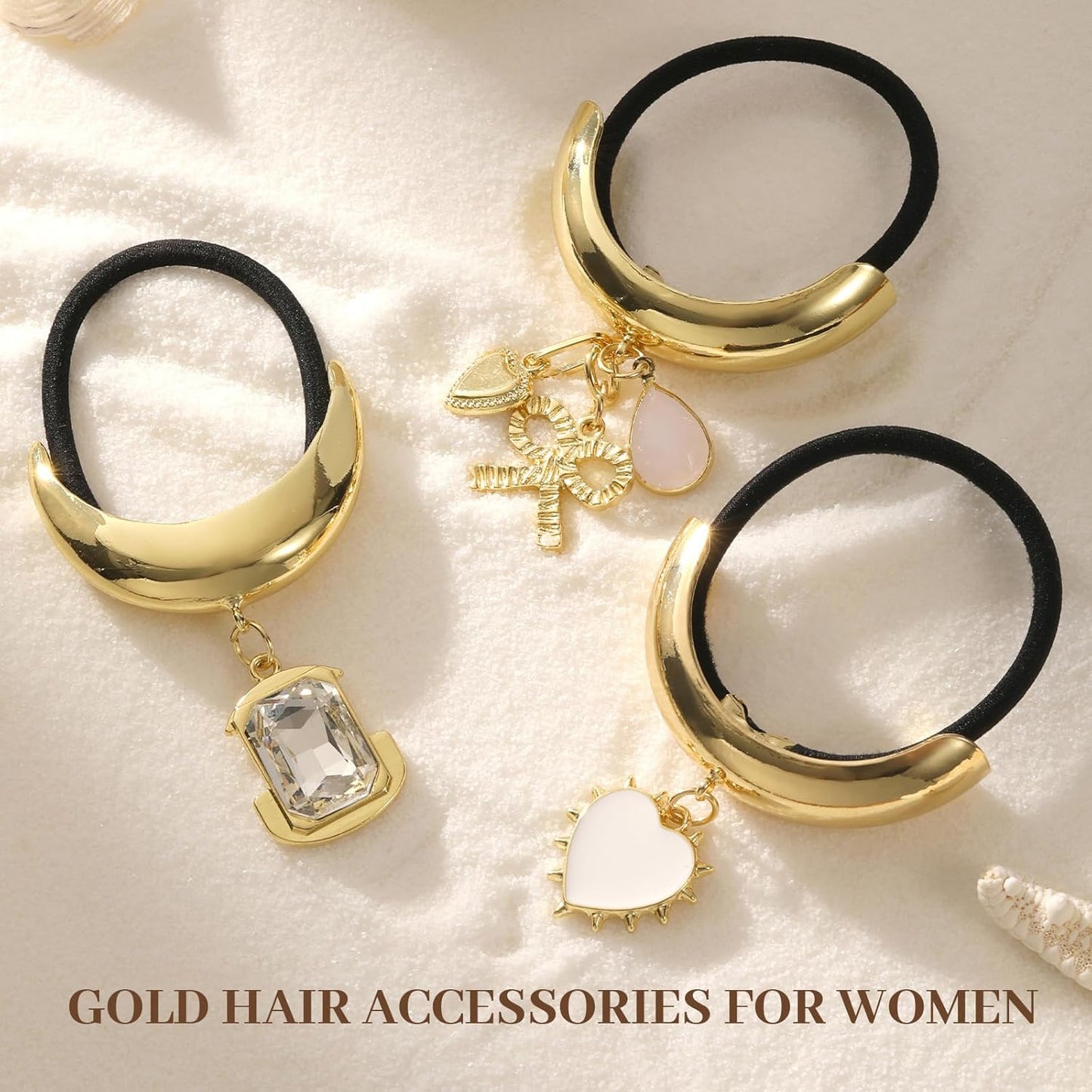 3PCS Gold Hair Ties, Metal Hair Ties for Thick Hair, Gold Ponytail Cuff Elegant Durable Geometric Design, Hair Accessories for Women, Stretchy & Non Damage Ponytail Holders with Pendant Holiday Gifts