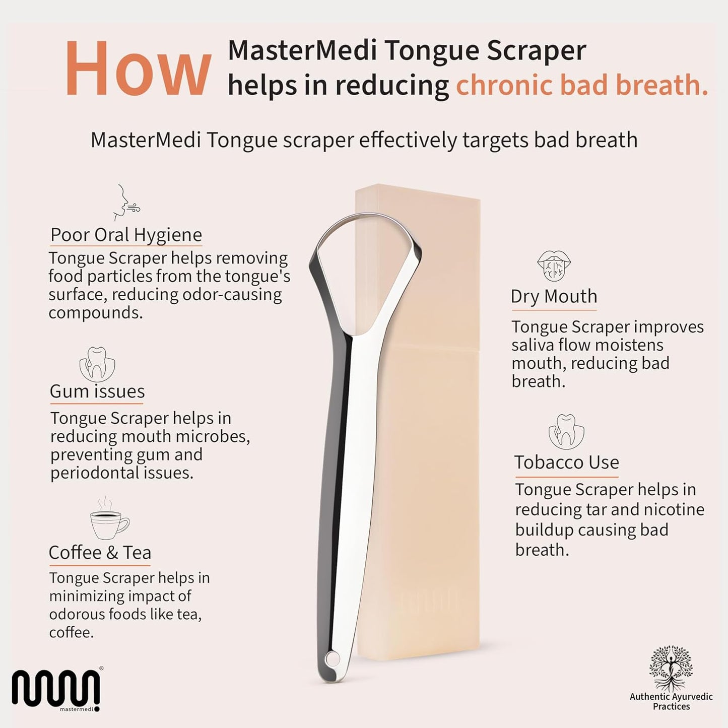 MasterMedi Tongue Scraper for Adults, 100% Stainless Steel Tongue Scrubber for Bad Breath, Easy to Use, Tongue Cleaner for Oral Care & Hygiene (SPTC-1|with Case)