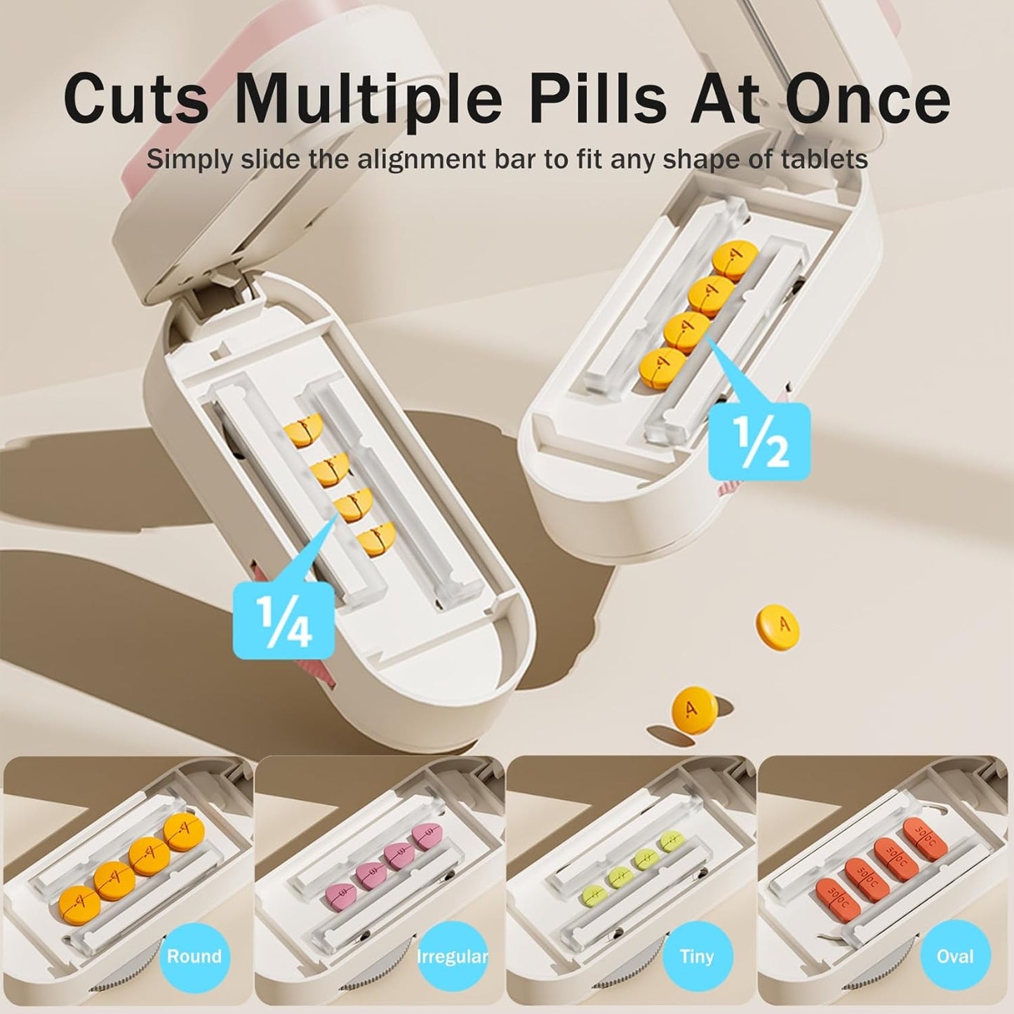 Multiple Pill Cutter - Pill Cutter Splitter for Small Tiny Large Pills Professional | Vertical Press-Down Cutting & Adjustable | Sturdy Blade & Guard | Includes Cleaning Brush (Pink)