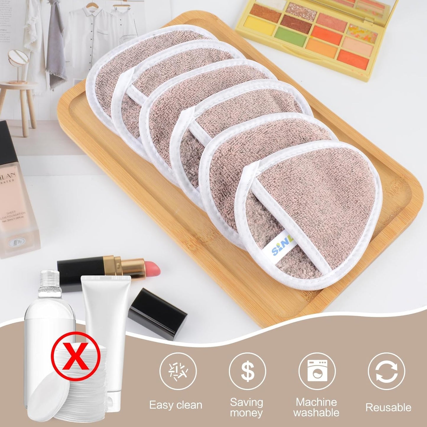 SINLAND Reusable Makeup Remover Pads For Face,Eye,Lips Microfiber Gentle Facial Cleansing Cloths for All Skin Types Friendly for Makeup Remover With Laundry Bag 5.1inchx3.93inch Pack of 12